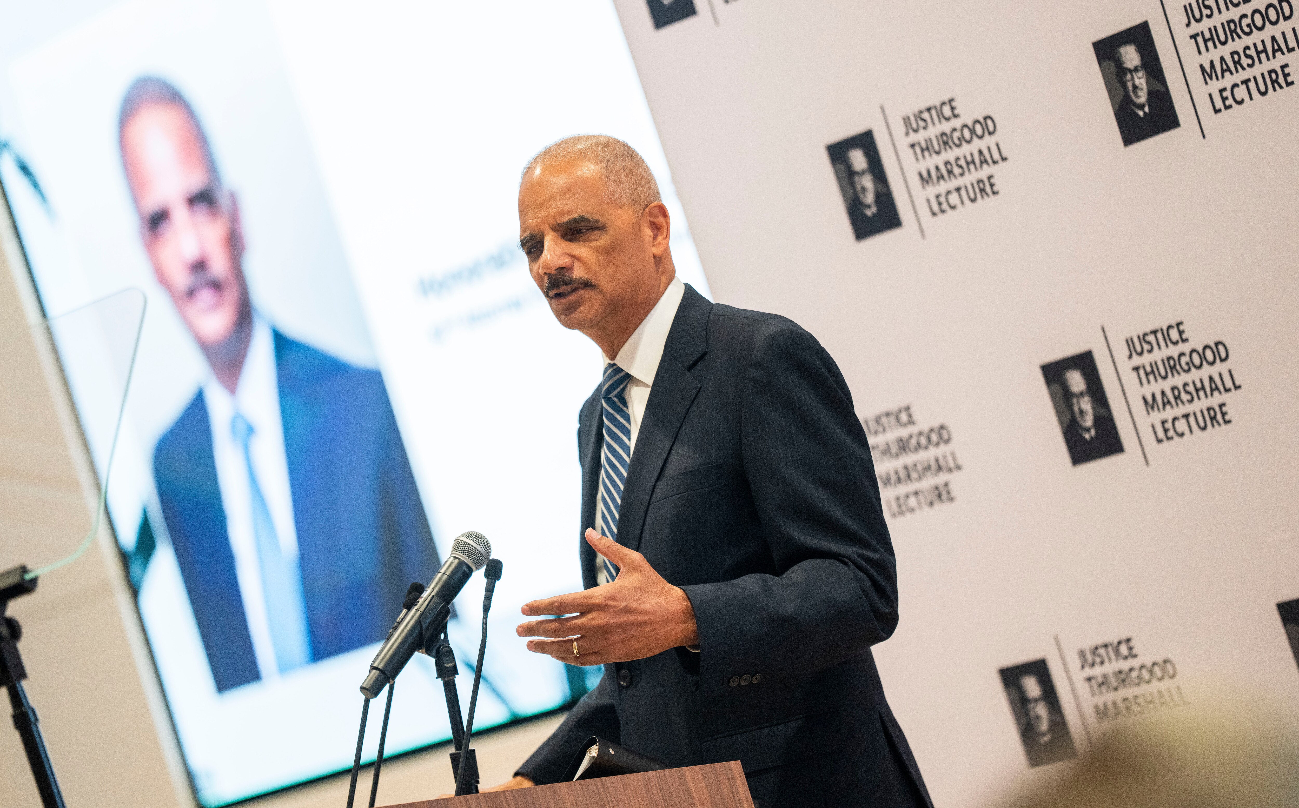 Former U.S. Attorney General Eric Holder said one of the best parts of the event at the Thurgood Marshall Amenity Center was talking with young students from area law schools.