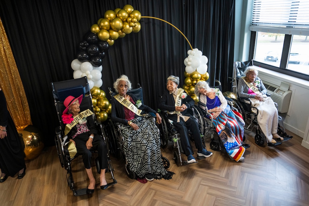 Minnie Styles, 102, Odessa Bass, 104, Sylvia Jones, 102, Lois Herron, 102, and Elaine Jones, 105, pose for a portrait together on their joint Centenarian birthday celebration on November 6, 2024.