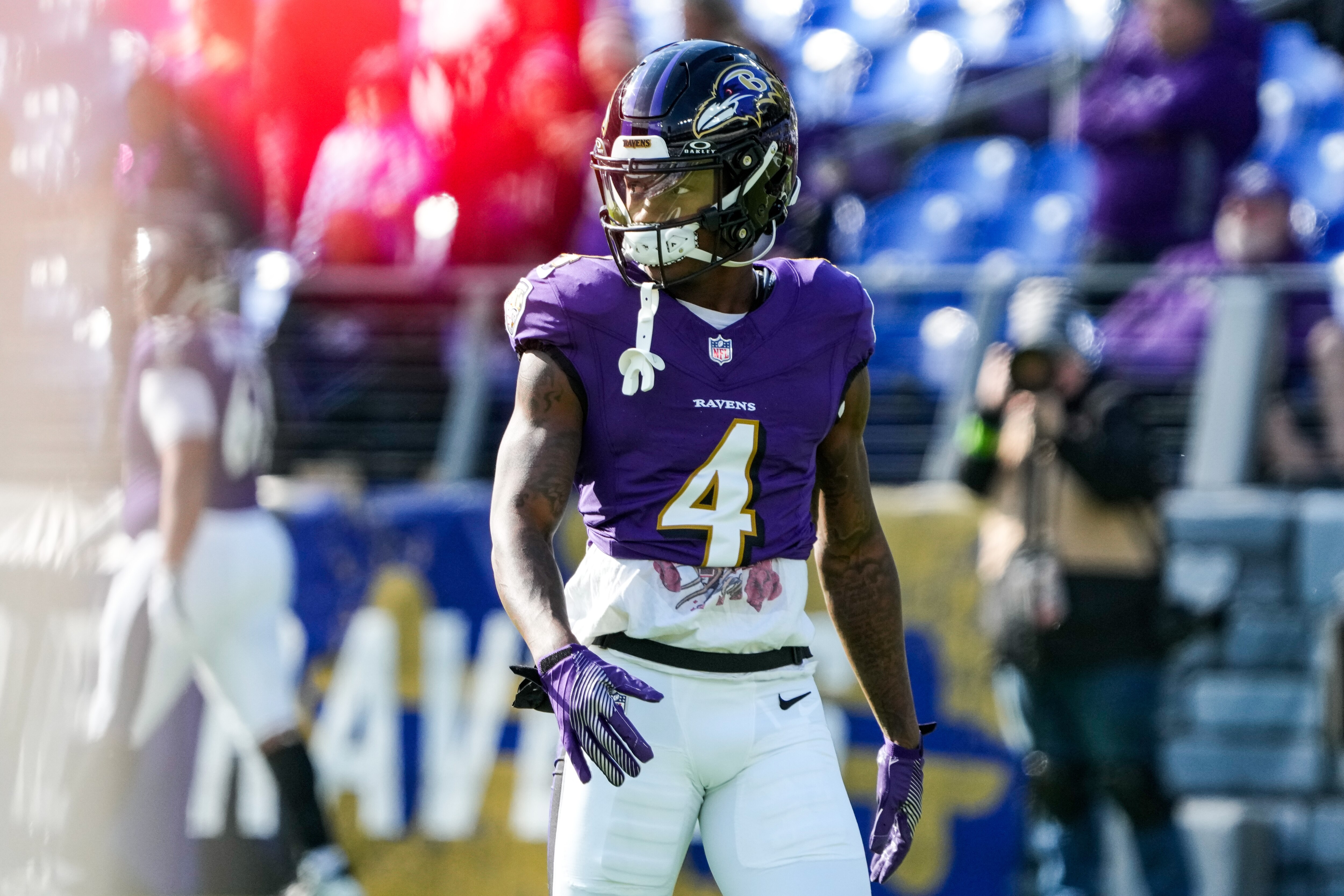 Ravens wide receiver Zay Flowers warms up before the game against the Cleveland Browns at M&T Bank Stadium on Nov. 12.