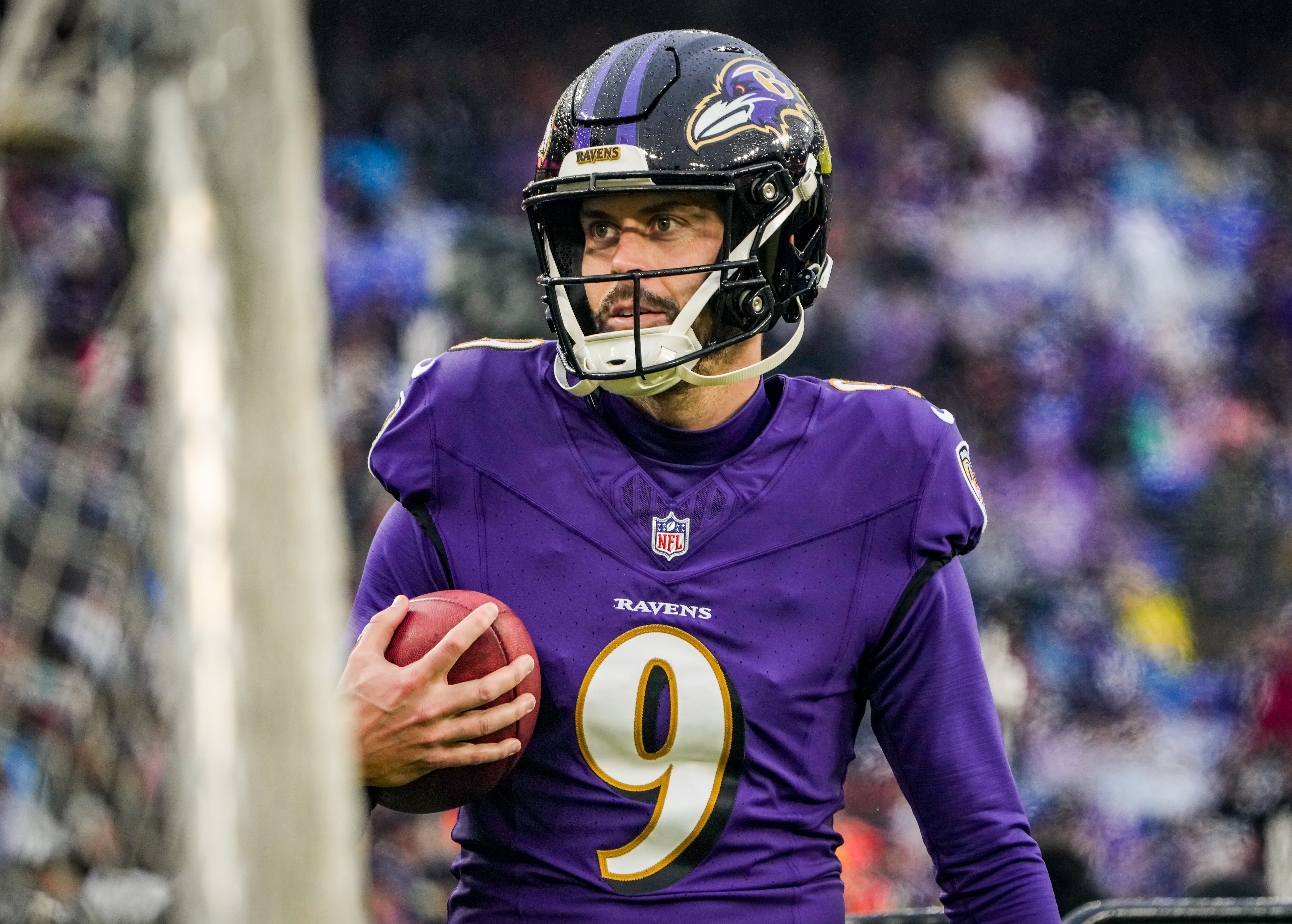 Ravens kicker Justin Tucker practices on the sideline during the game against the Los Angeles Rams at M&T Bank Stadium in December.