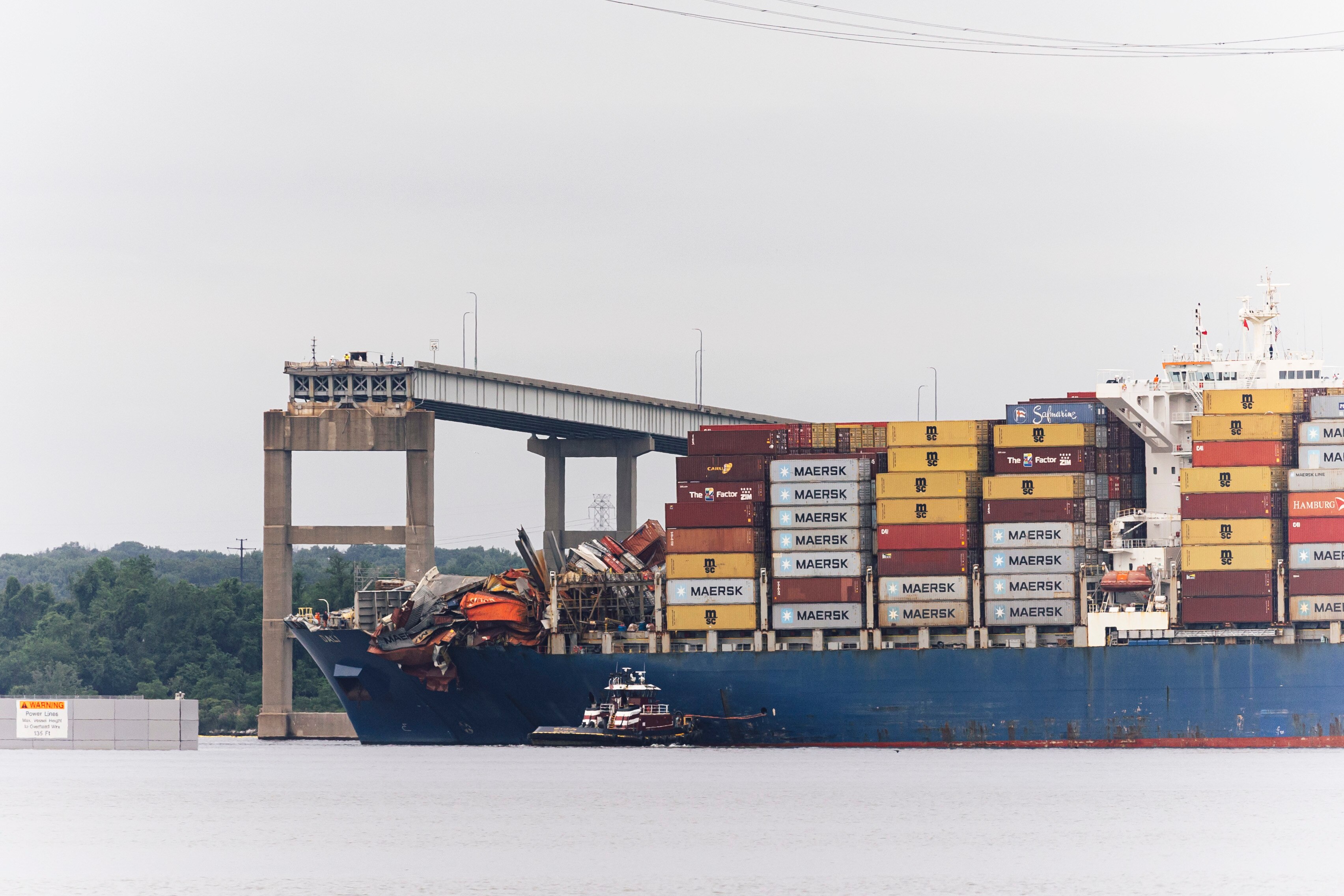 The Dali cargo ship begins to move from the Key Bridge wreckage site on the morning of May 20, 2024 in Baltimore, Maryland.