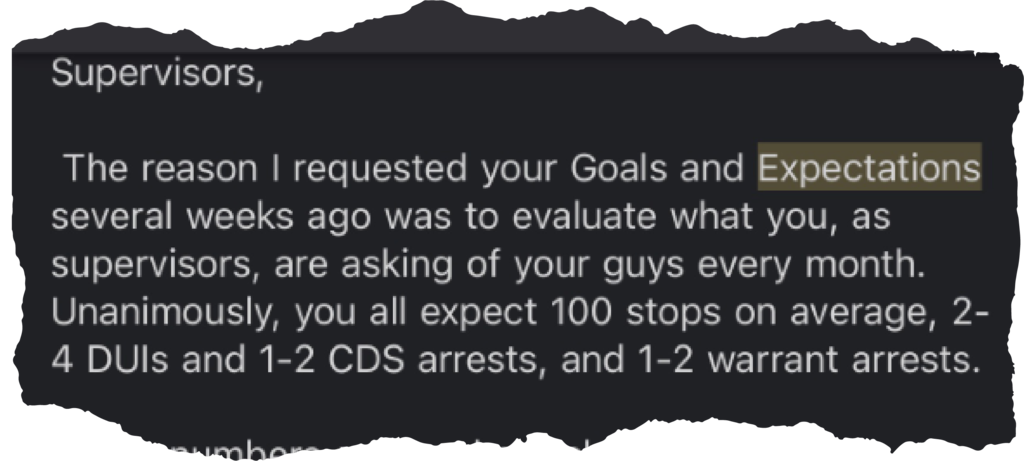 An excerpt from a leaked email about a quota system at Maryland State Police.