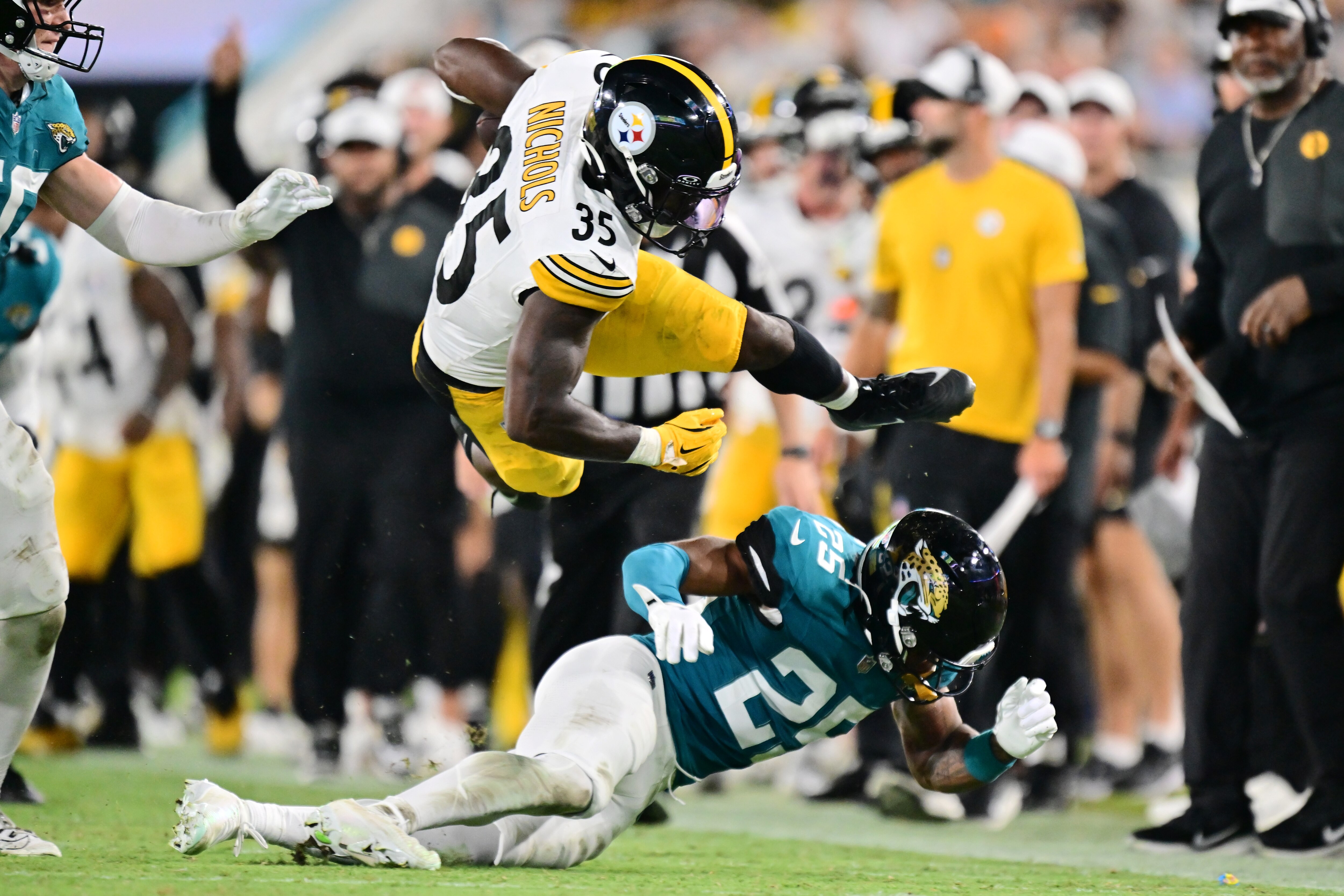 Rayuan Lane III of the Jaguars attemps a tackle during a preseason game against the Steelers.