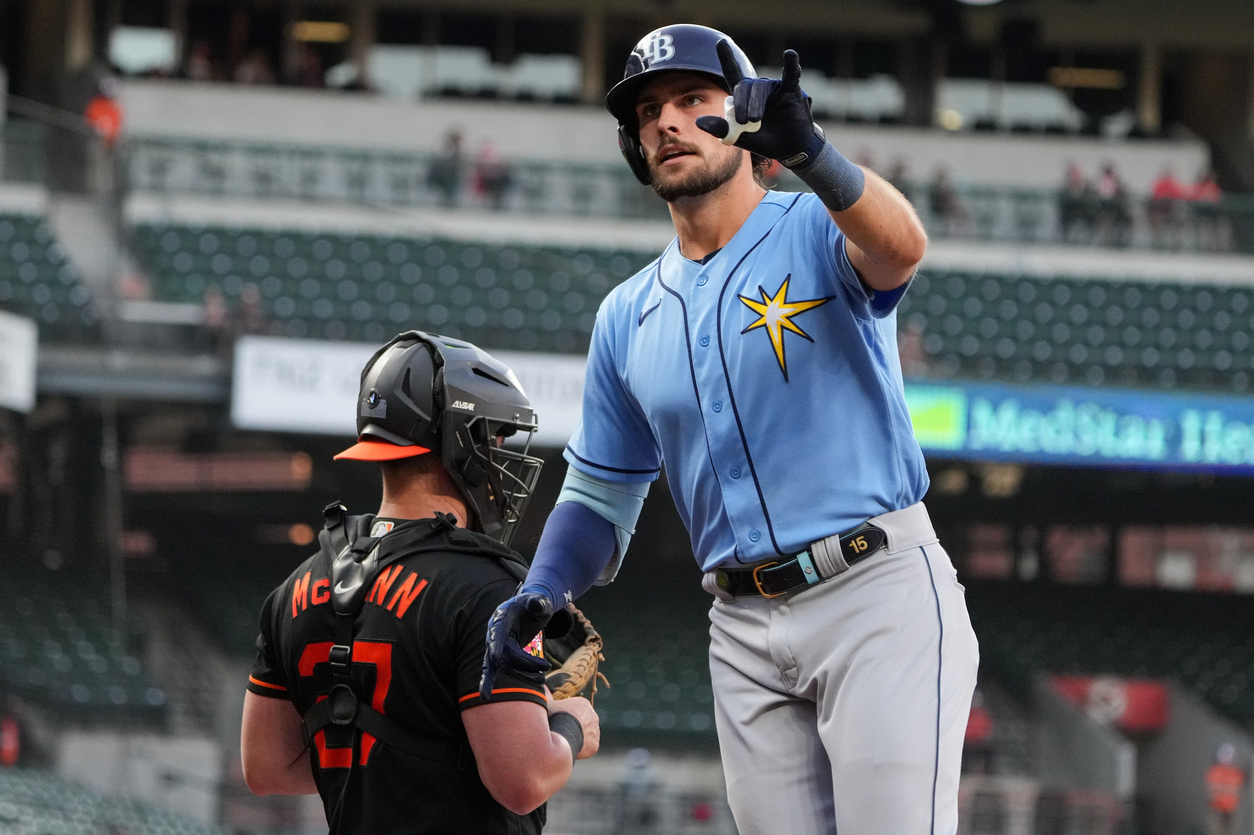 Tampa Bay Rays outfielder Josh Lowe (15) celebrates after homering in the second inning in a game against the Baltimore Orioles in Baltimore on Monday, May 8. The Rays and Orioles played the first game of a series on Monday.