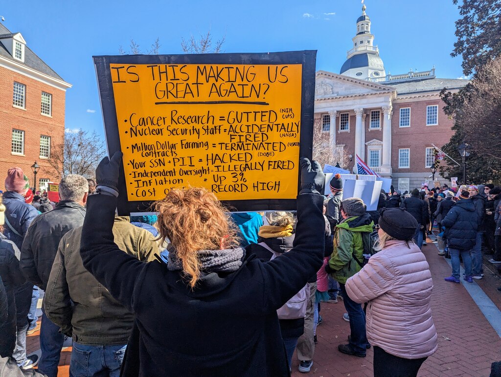 More than 400 people filled Lawyer's Mall in Annapolis to protest President Donald Trump on President's Day, with homemade signs ranging from long explanations to images of the president and his billionaire aid, Elon Musk, to profanities and images of guillotines.