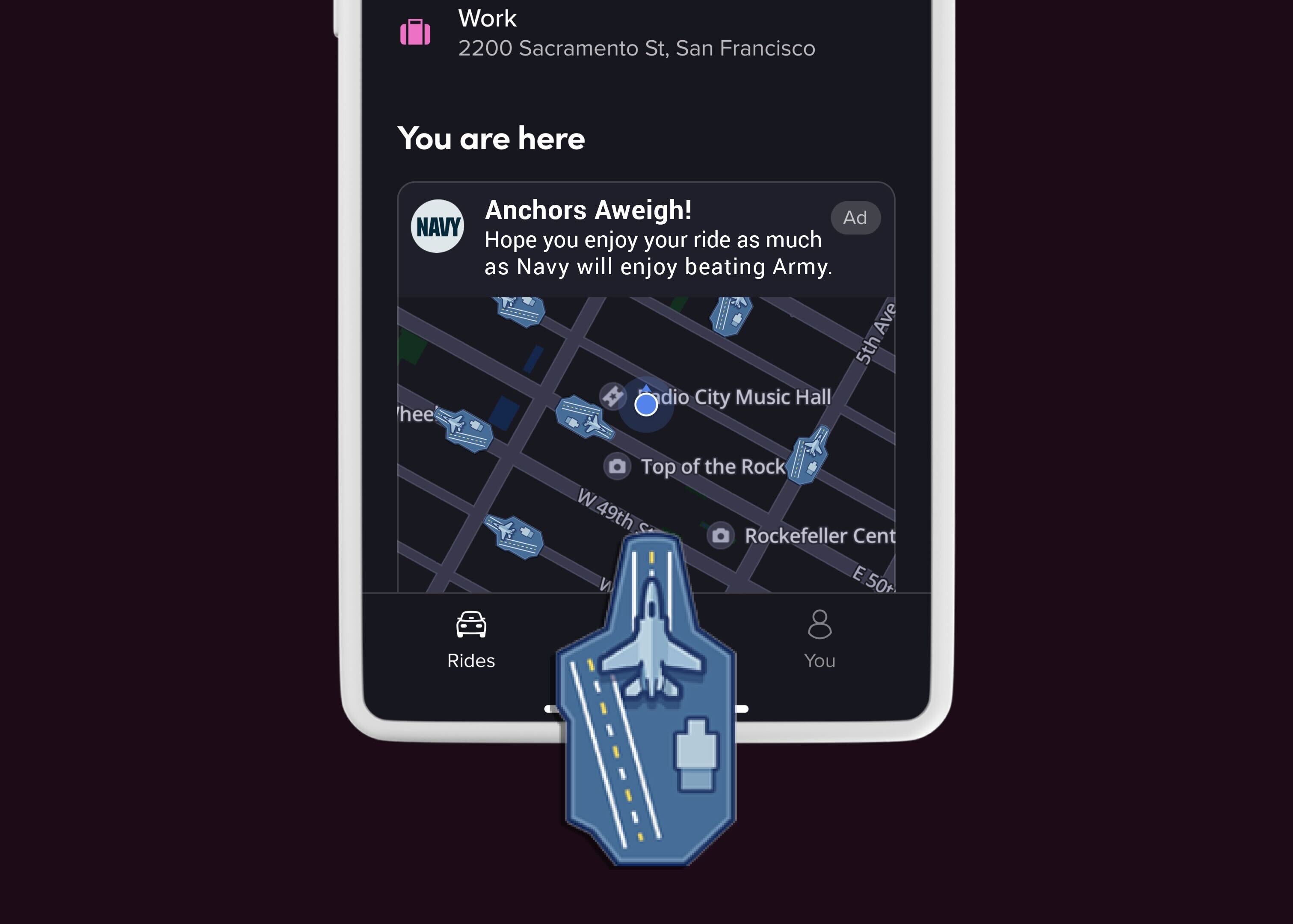 What the Navy “takeover” of Lyft will look like on Dec. 13, for the army-navy game. It shows aircraft carriers on the map instead of cars.