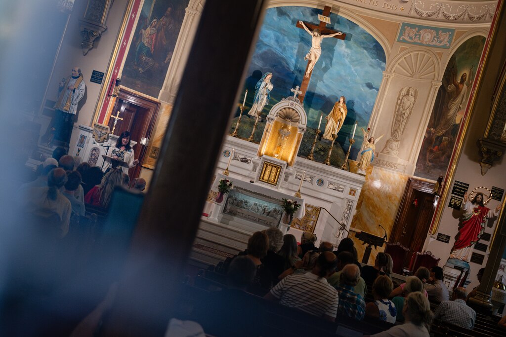 Parishioners of St. Leo the Great Roman Catholic Church voice their concerns to Julie St. Croix, Director of Office of Parish Renewal for the Archdiocese of Baltimore, during a closed door meeting for parishioners on June 22, 2025 in Baltimore, MD.
