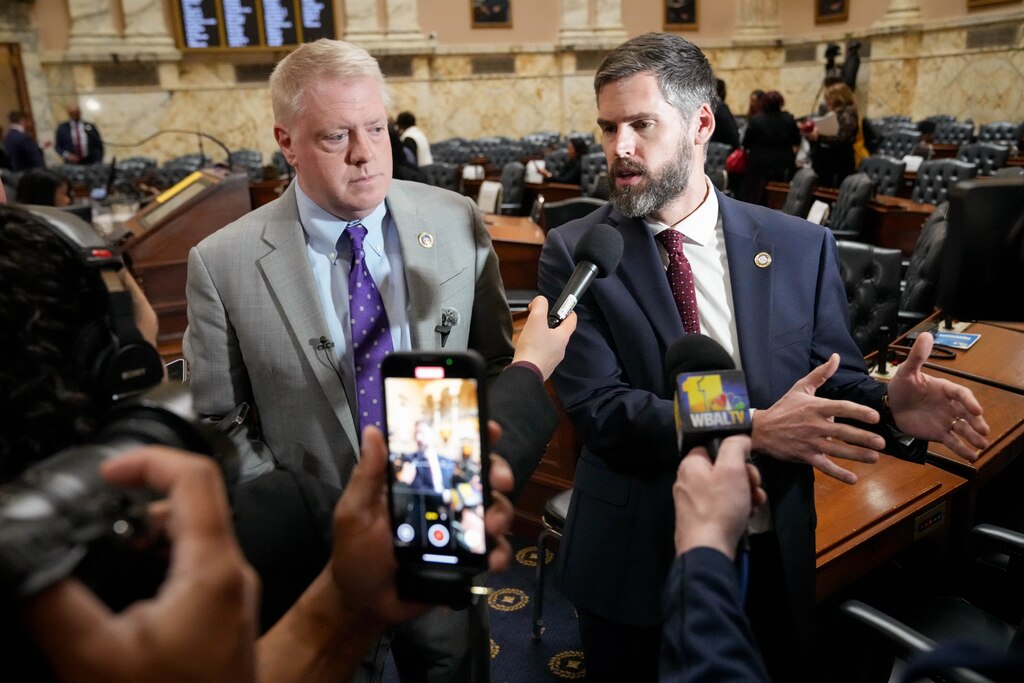 Del. Jason Buckel, left, House of Delegates minority leader, and Del. Jesse Pippy, House minority whip, give their reaction to Gov. Wes Moore’s State of the State address in the Maryland State House in Annapolis, Md. on Wednesday, February 5, 2025.