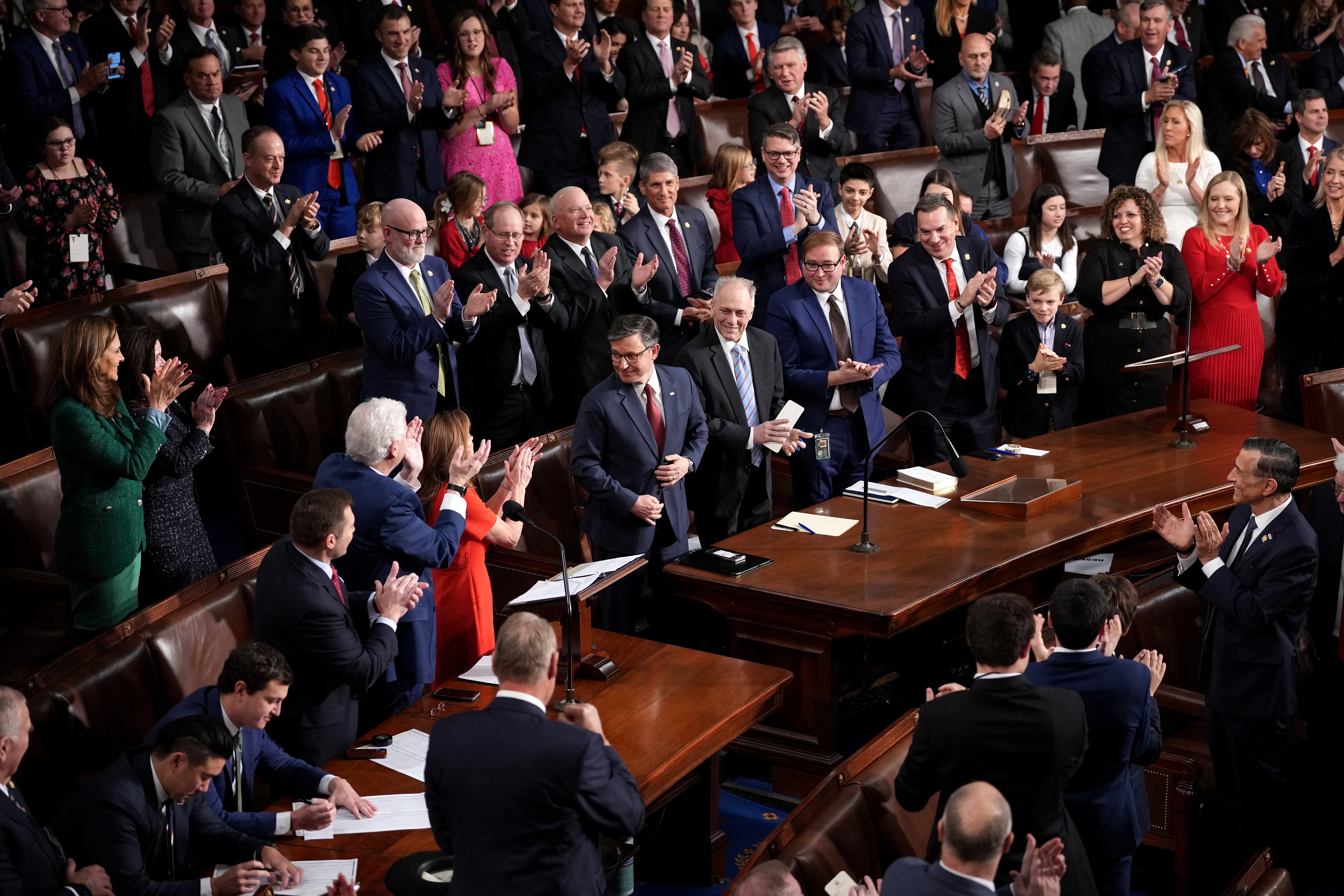 WASHINGTON, DC - JANUARY 03: Members of the Republican caucus applaud as Rep. Mike Johnson (R-LA) is nominated for Speaker of the House on the first day of the 119th Congress in the House Chamber of the U.S. Capitol Building on January 03, 2025 in Washington, DC. Rep. Mike Johnson (R-LA) is working to retain the Speakership in the face of opposition within his own party as the 119th Congress holds its first session to vote for a new Speaker of the House.