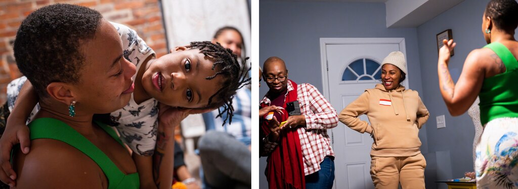 Left, Melissa Bagley smiles at her son Seven, who is her seventh child, at Sis-mas on December 8, 2023. Right, Krystal Gonzalez takes modeling tips from China and tries them out. (Kaitlin Newman/The Baltimore Banner)