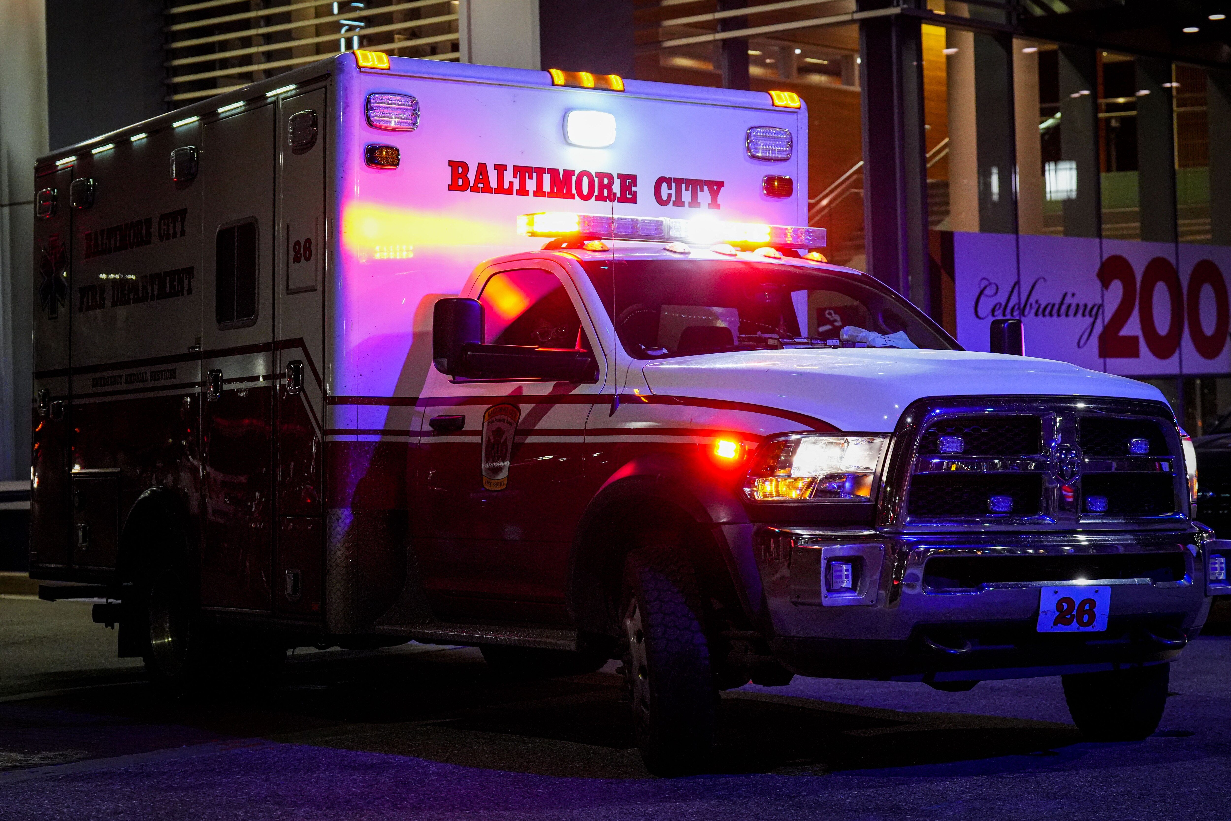 An ambulance leaves the R Adams Cowley Shock Trauma Center at the University of Maryland, Baltimore.