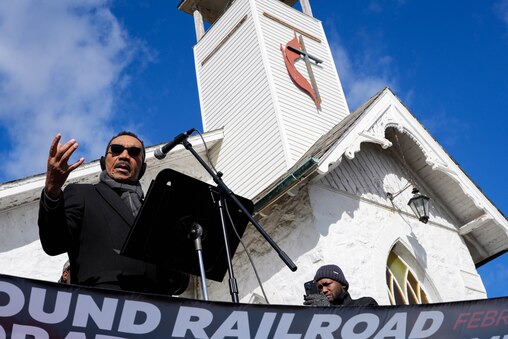 U.S. Rep. Kweisi Mfume gives remarks outside Emmarts United Methodist Church in Windsor Mill, Md. on Saturday, February 1, 2025. The church, a historic safehouse on the Underground Railroad, hosted a program to commemorate the start of Black History Month on Saturday.