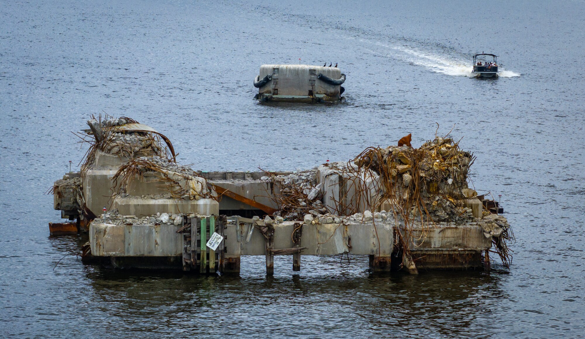 The base of the structural pier of the Francis Scott Key Bridge hit by the container ship Dali in the Patapsco River in September 2024.
