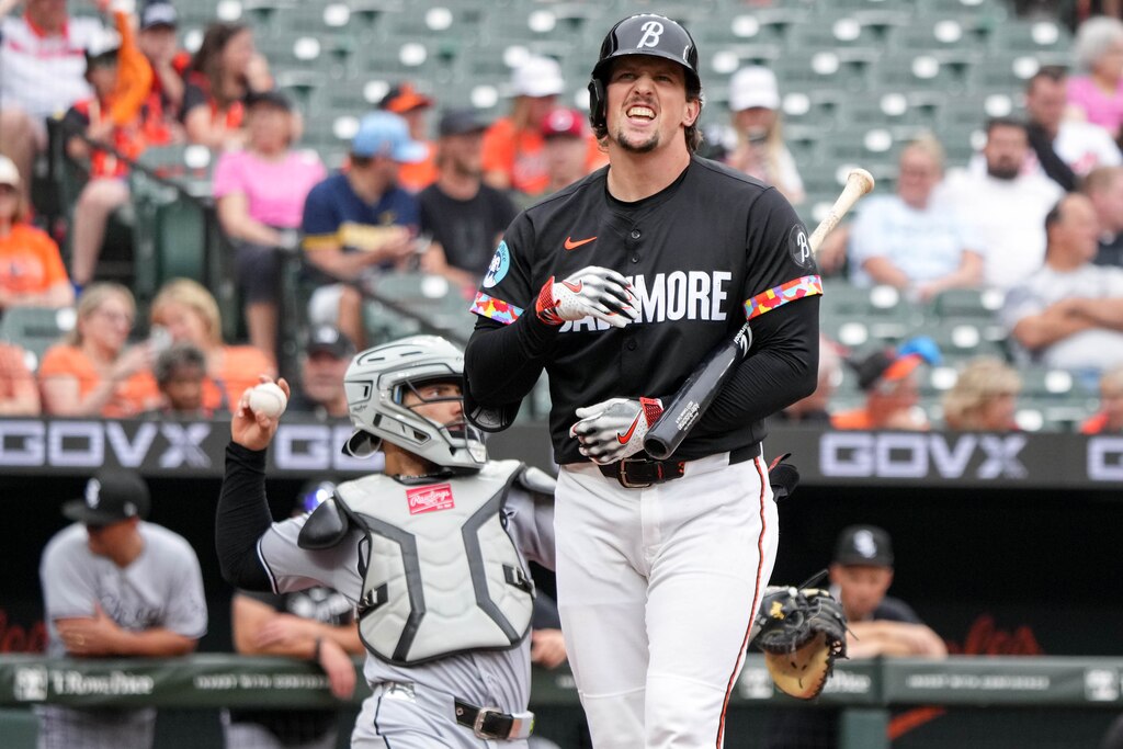 Baltimore Orioles catcher Adley Rutschman (35) grimaces after a strike in a game against the Chicago White Sox at Oriole Park at Camden Yards in Baltimore, Md. on Friday, May 30, 2025.