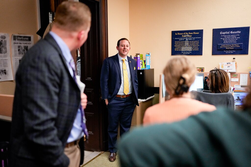 Senate President Bill Ferguson visits the press office in the basement of the Maryland State House on Sine Die in Annapolis, Md. on Monday, April 7, 2025.