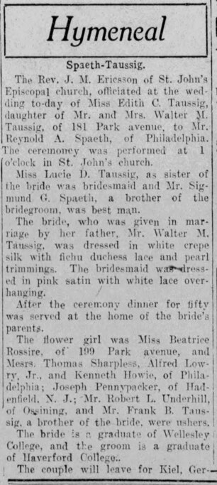 A clue in this wedding announcement of Reynold Albrecht Spaeth and Edith E. Taussaig from The Yonkers Herald Statesman August 18, 1913 edition provided a clue to who "R" might be. (Source: Newspapers.com)
