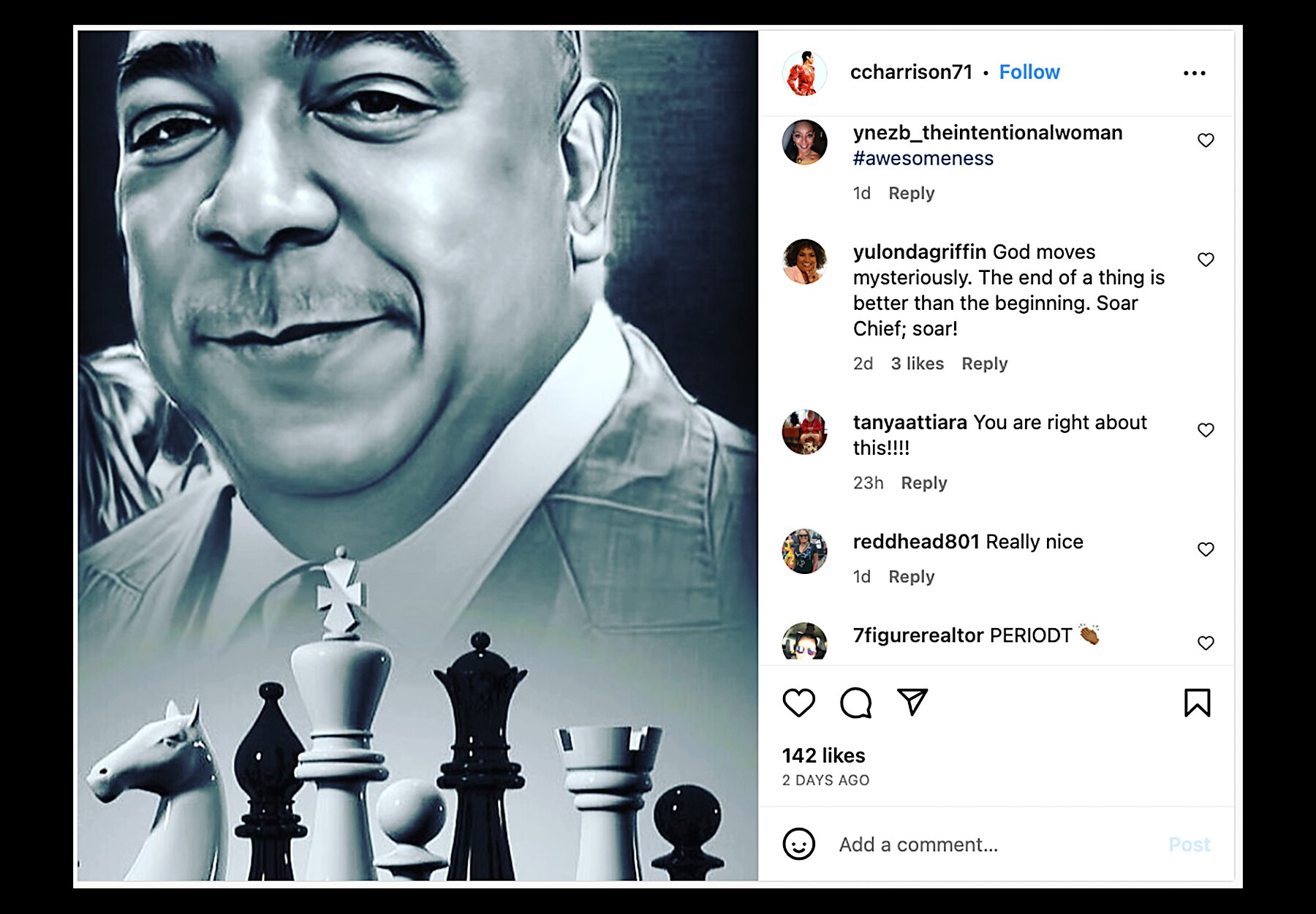 Black and white portrait of Michael Harrison with chess pieces in the foreground.