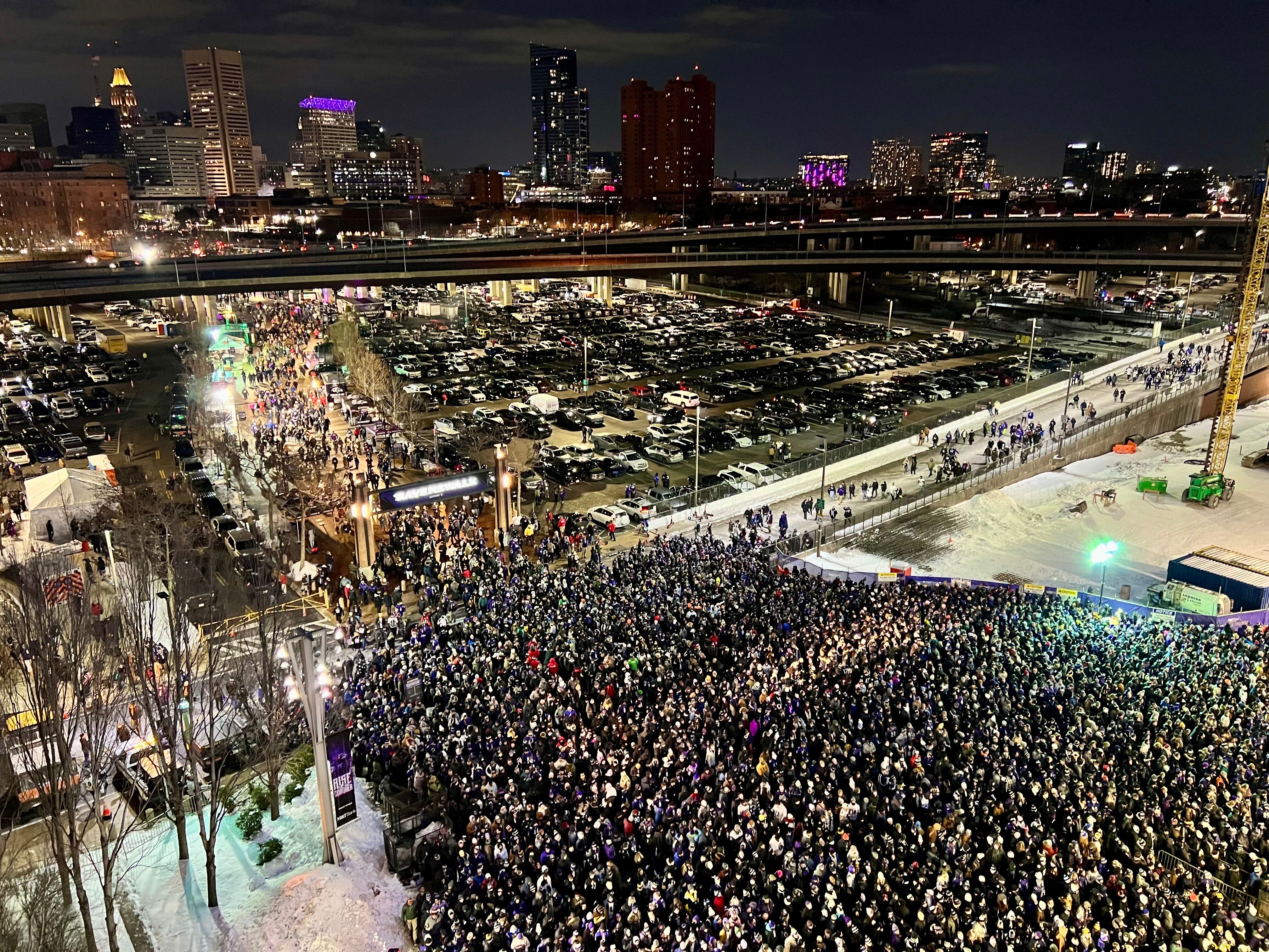 A huge crowd waits to get into the stadium, half an hour before kickoff, at Saturday’s game between the Ravens and the Pittsburgh Steelers at M&T Bank Stadium.