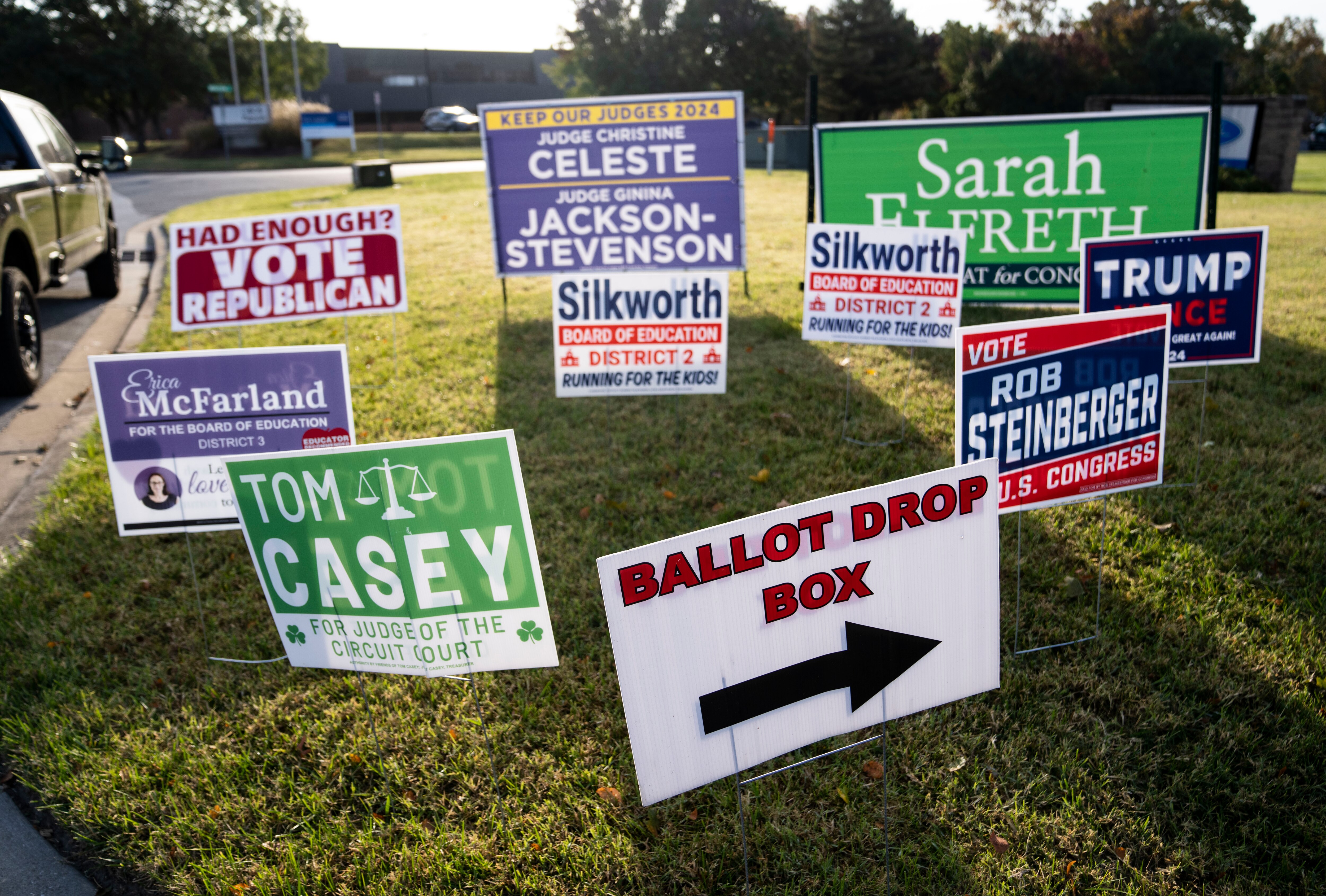 Political signs in front of the Anne Arundel County Board of Elections in Glen Burnie last fall.