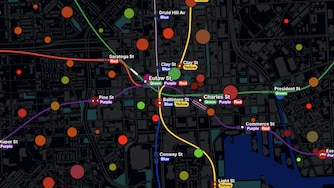 In Colin Miller's new game Subway Builder, circles indicate population and employment centers. This map shows a variation on a 2002 state plan for a Baltimore rail transit system.
