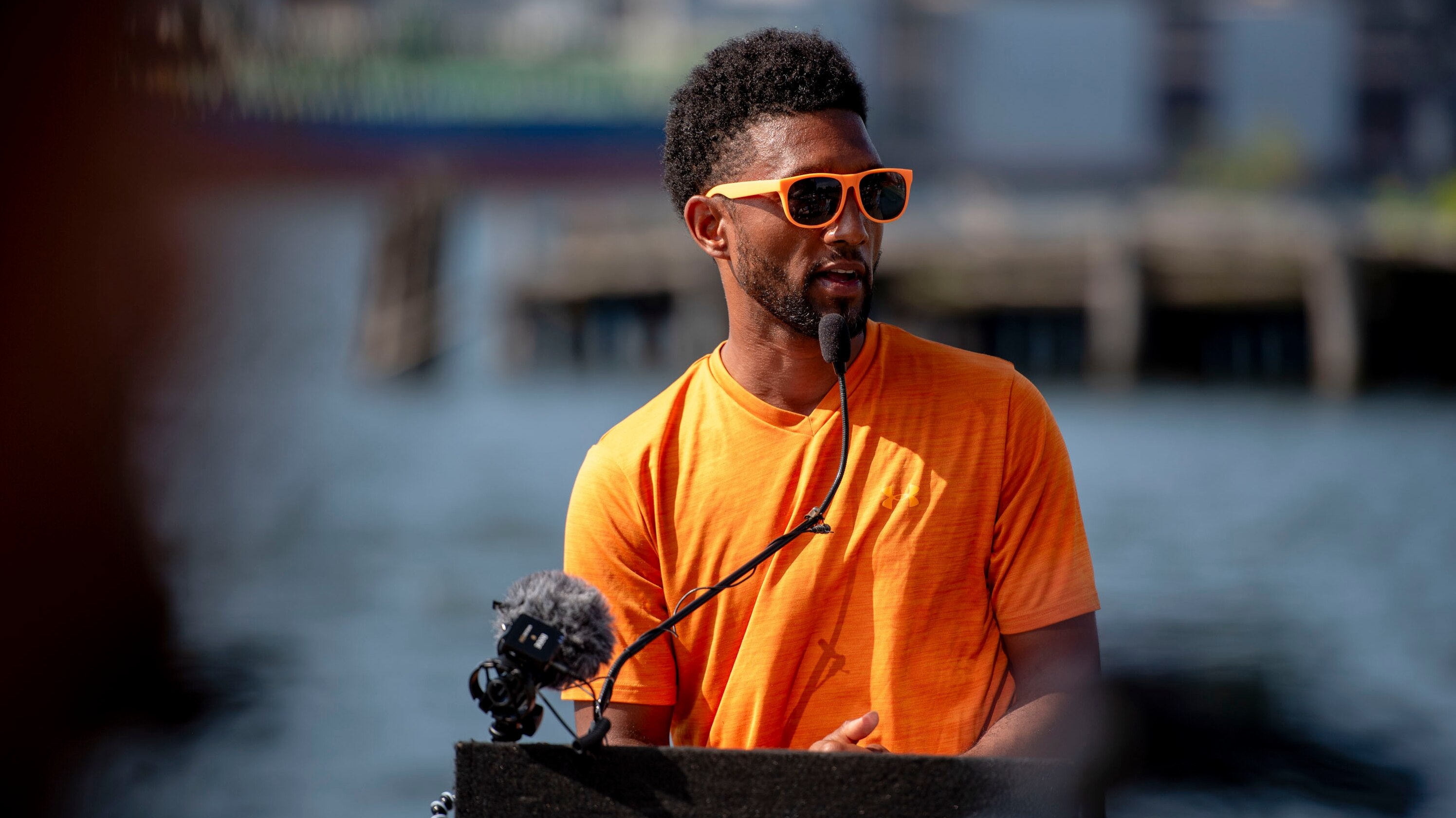 Baltimore Mayor Brandon Scott, speaks on water cleanup initiatives leading up to the Harbor Splash Event held on 6/23/24 in Baltimore, MD.