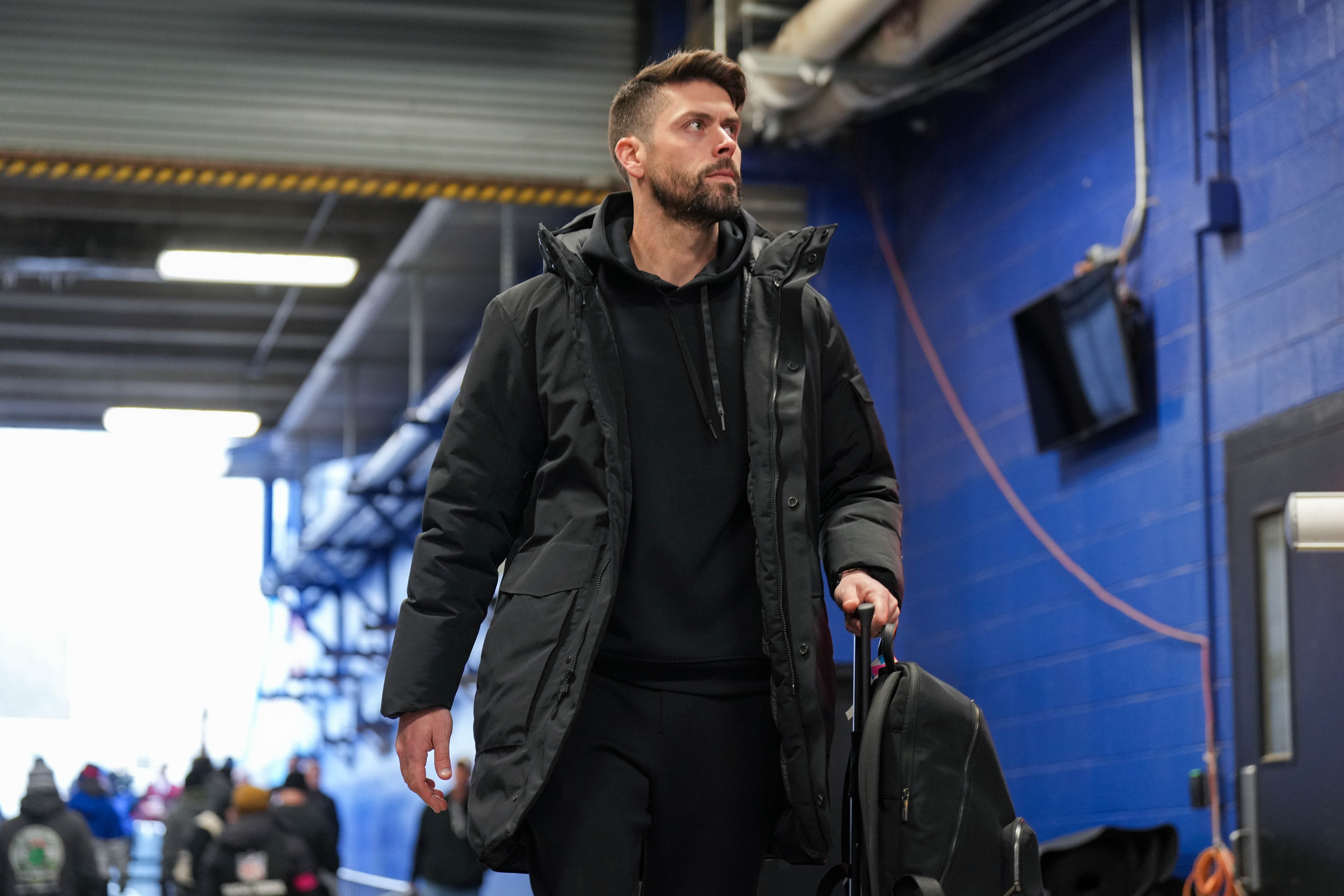 Baltimore Ravens place kicker Justin Tucker at Highmark Stadium in Orchard Park, New York, ahead of a divisional round playoff game against the Buffalo Bills in January.