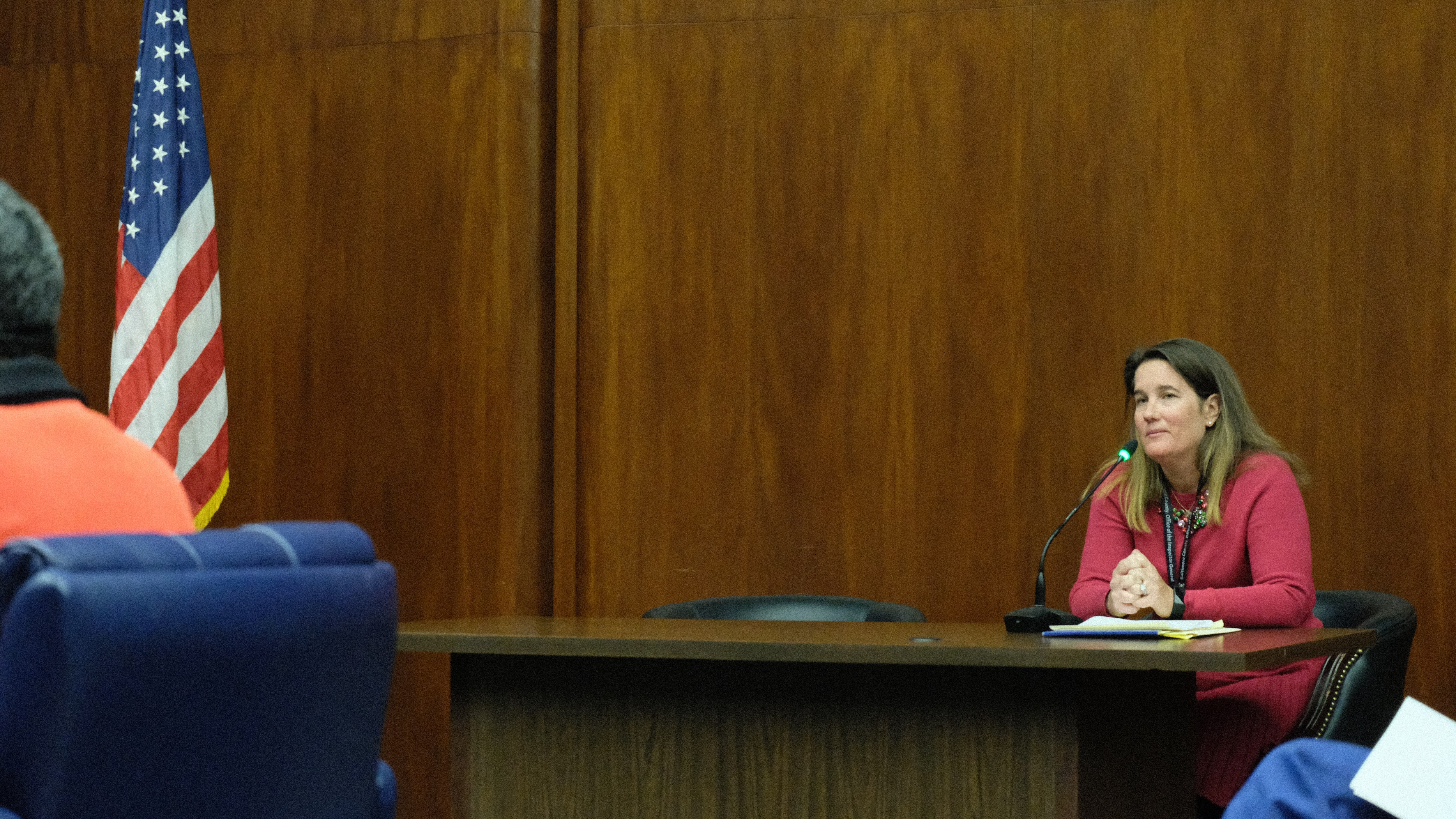 Baltimore County Inspector General Kelly Madigan addresses the Baltimore County Council during a hearing on two bills proposed to enshrine her office in the county's charter and remove a waiting period to subpoena non-government records Nov. 28, 2023.