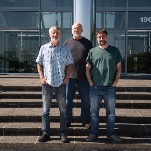 Tim Kipp, Brian Wade and Mark Meyer outside of Oxide Games office in Timonium.