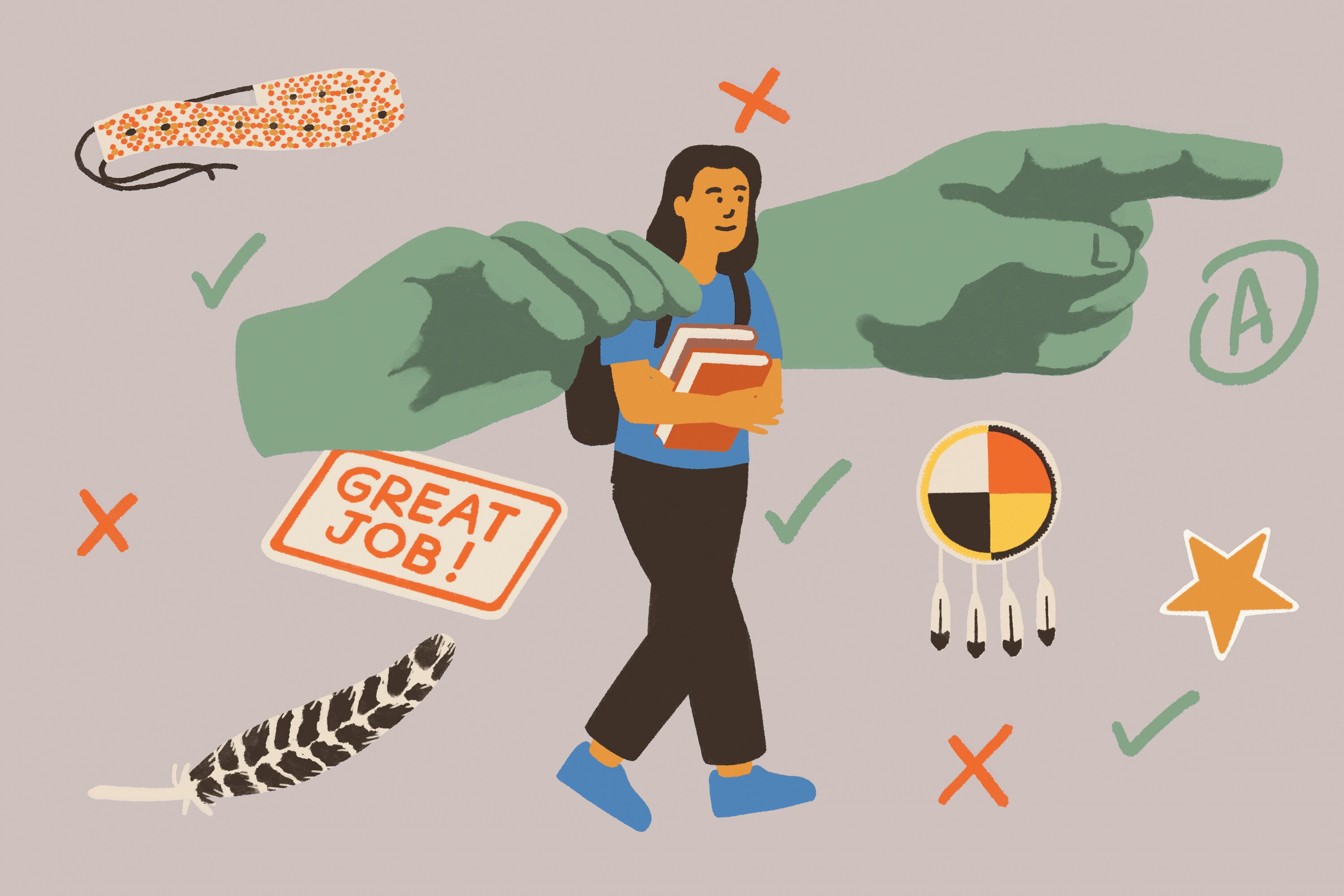 A Native American student walks forward, holding two books, with two large floating hands pointing out the way. In the background are check marks and X marks, a star sticker, a sticker that says great job, a medicine wheel, a feather, and a beaded headband.