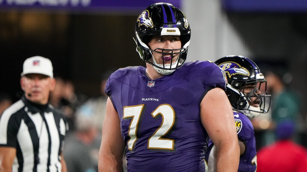 Baltimore Ravens guard Andrew Vorhees (72) lines up for the next down during the team’s preseason game against the Philadelphia Eagles at M&T Bank Stadium in Baltimore on Friday, August 09, 2024.