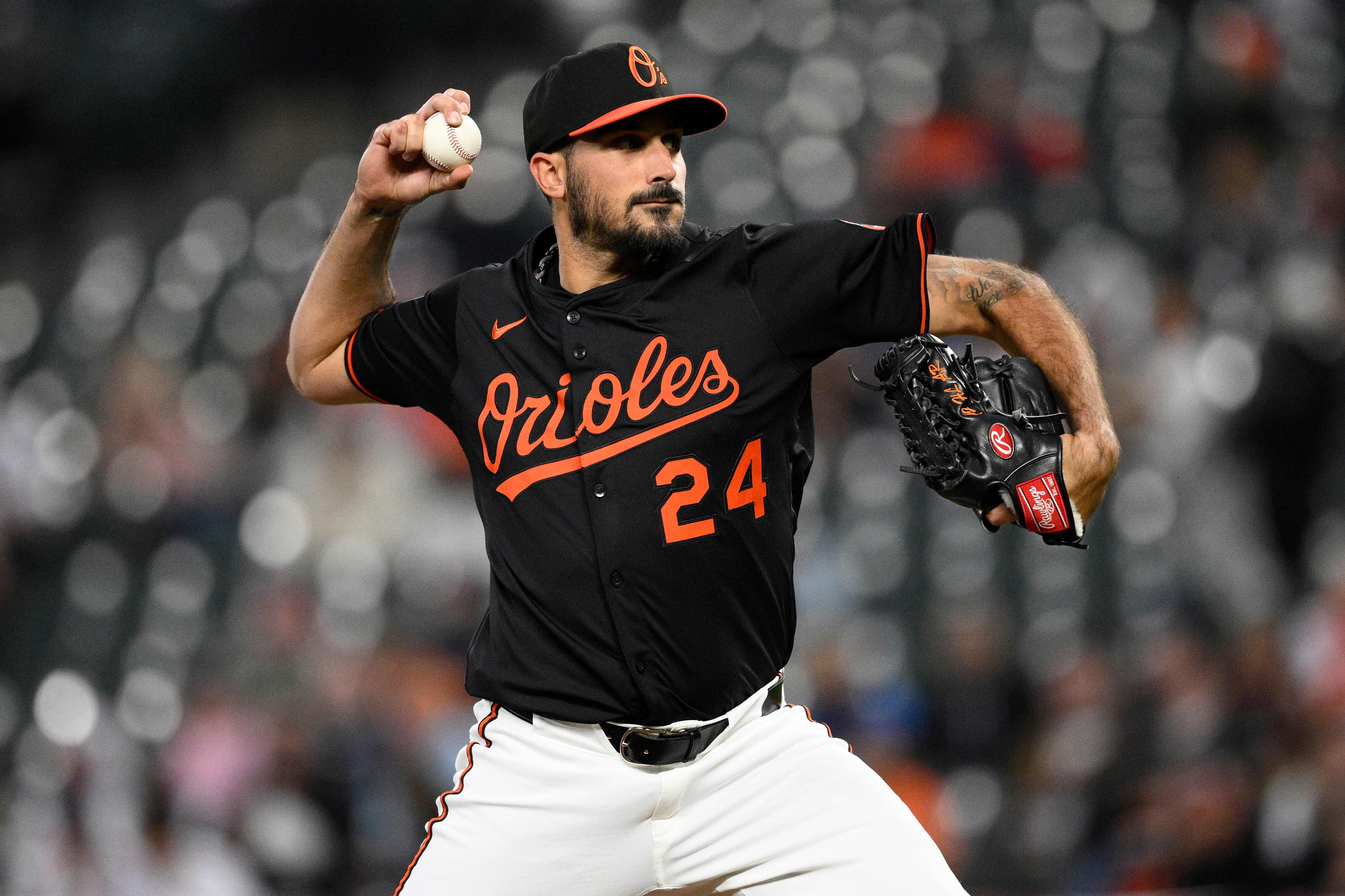 Baltimore Orioles starting pitcher Zach Eflin throws during the second inning of a baseball game against the Boston Red Sox.