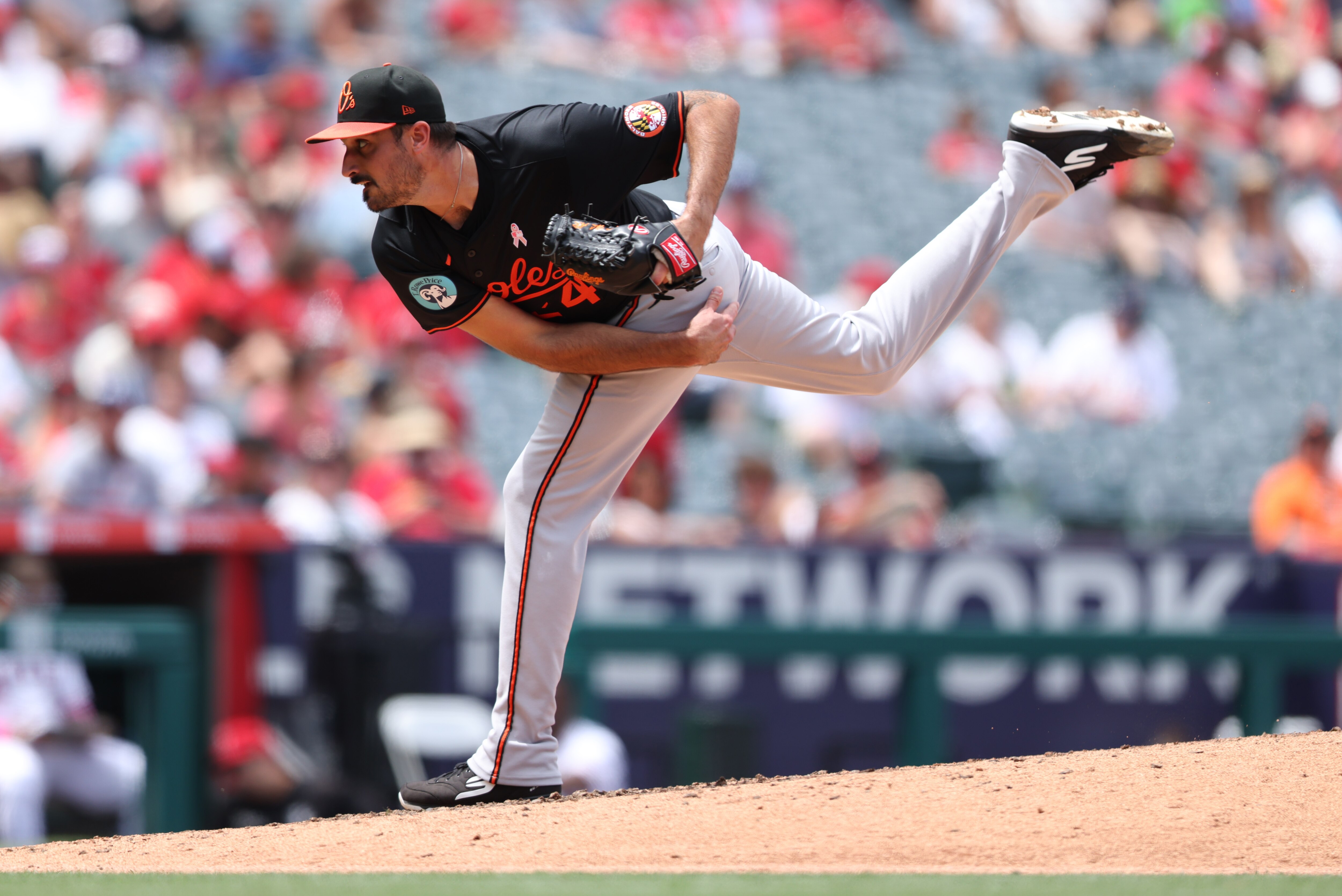 Zach Elfin of the Baltimore Orioles throws a pitch against the Los Angeles Angels in Anaheim, Calif., in May.