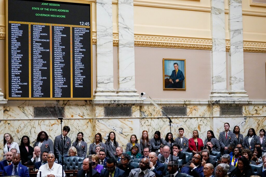 Maryland Senators, Delegates and Pages listen as Gov. Wes Moore delivers his annual State of the State address in the Maryland State House in Annapolis, Md. on Wednesday, February 5, 2025.