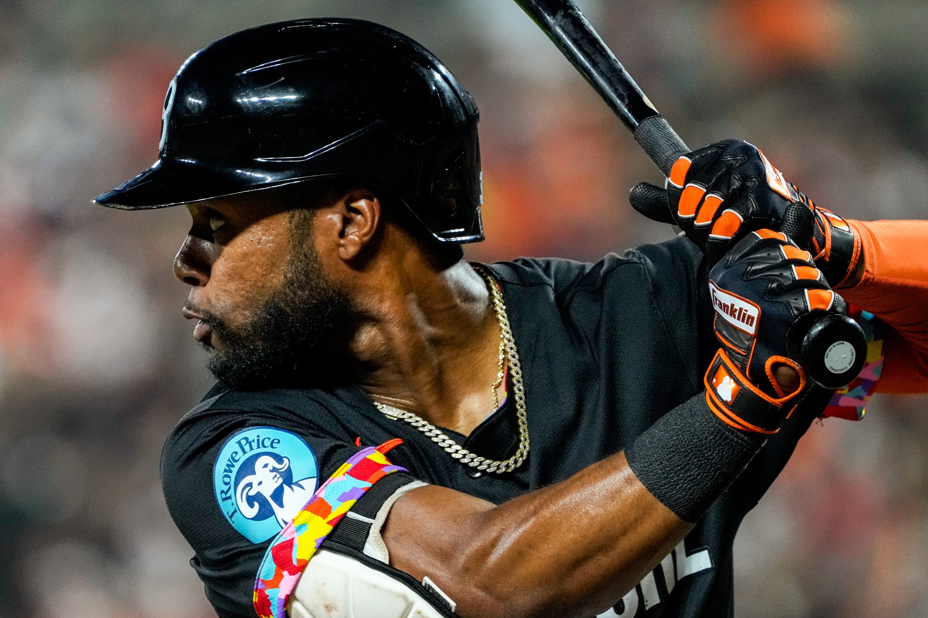 Baltimore Orioles outfielder Cedric Mullins at bat against the Texas Rangers.