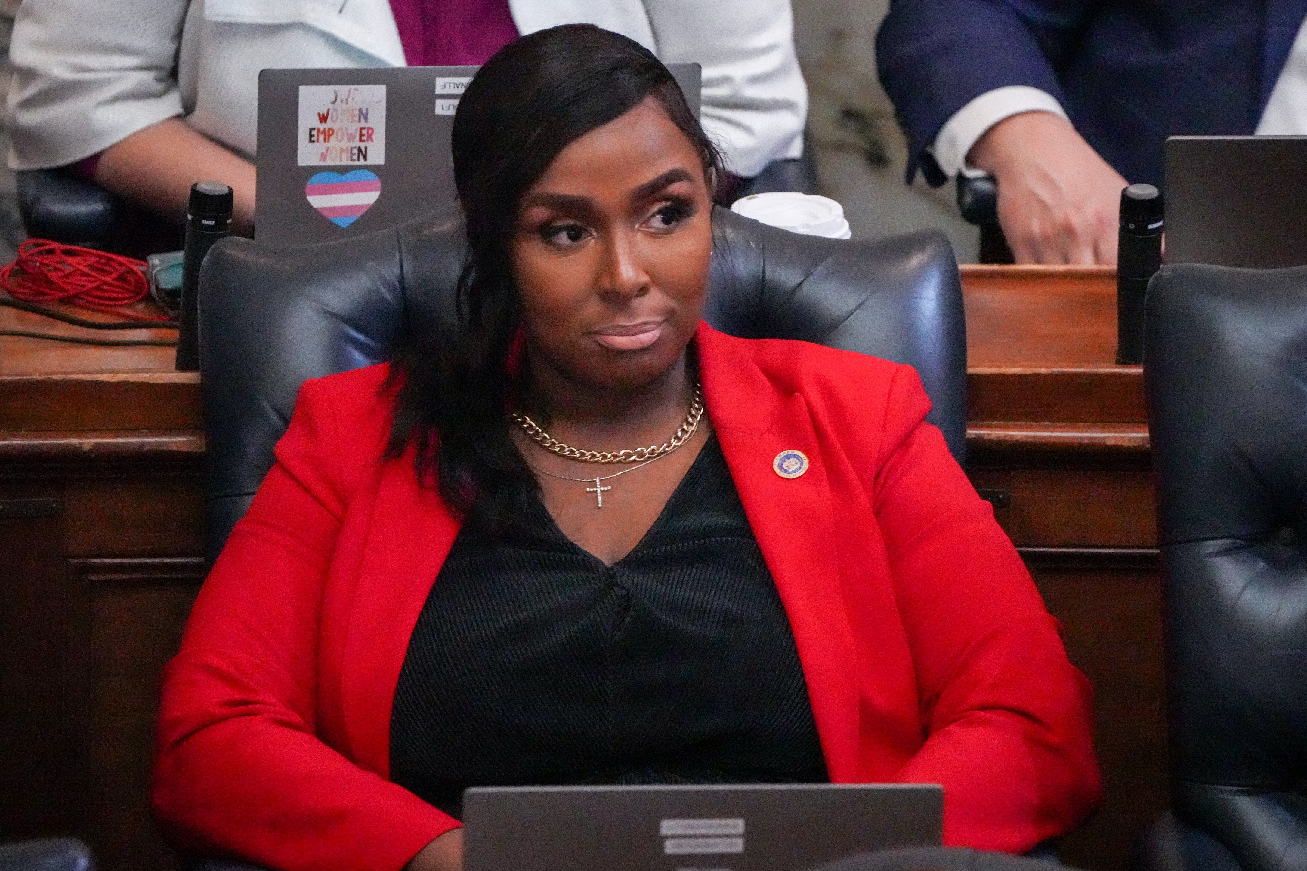 Del. Shaneka Henson, an Anne Arundel County Democrat, sits in the Maryland State House during sine die, the final day of the 2024 General Assembly Session in Annapolis, on April 8, 2024.