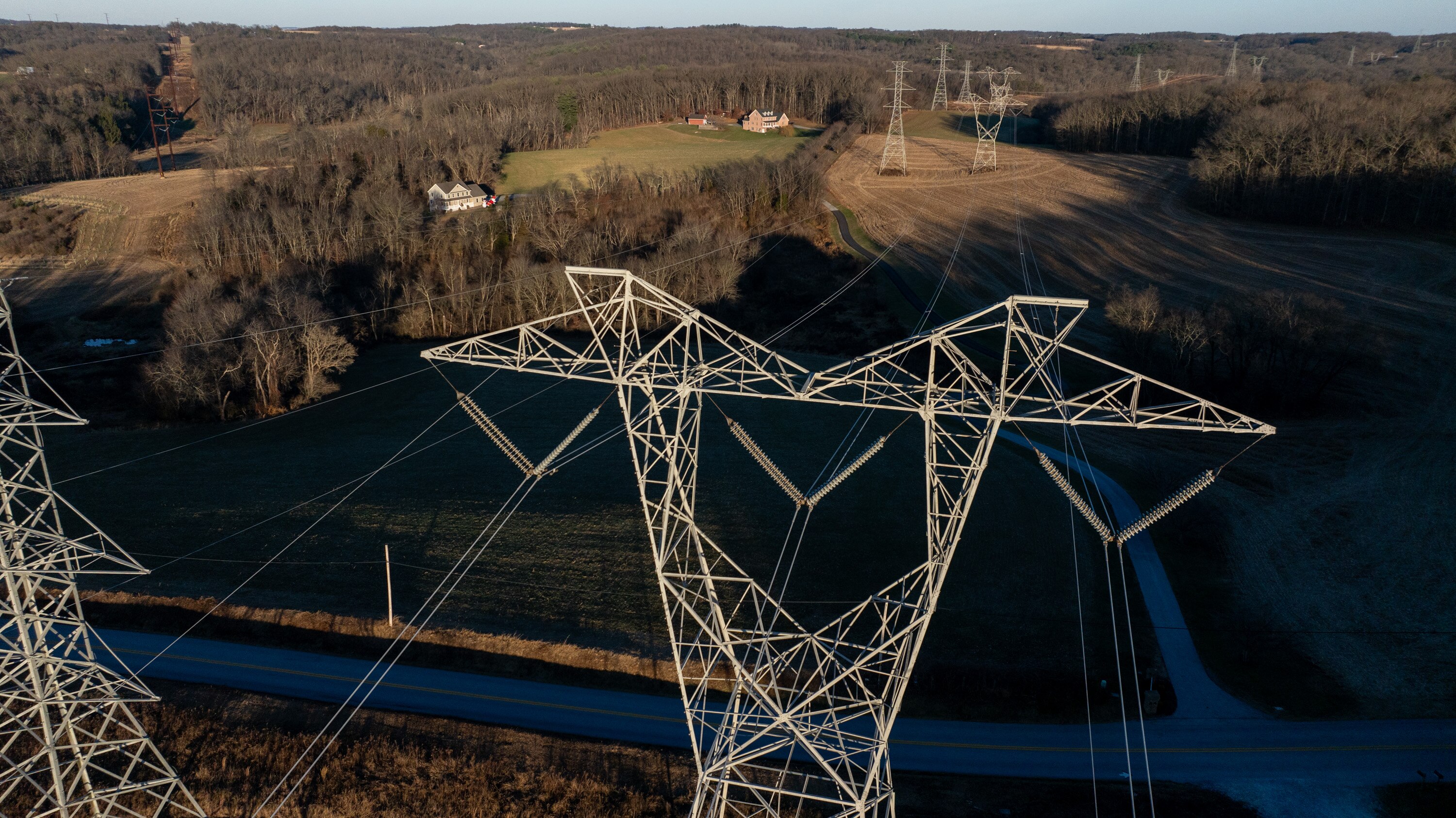 An existing set of transmission lines cuts through the landscape near the start of the proposed route of the Maryland Piedmont Reliability Project (MPRP) in northern Baltimore County.