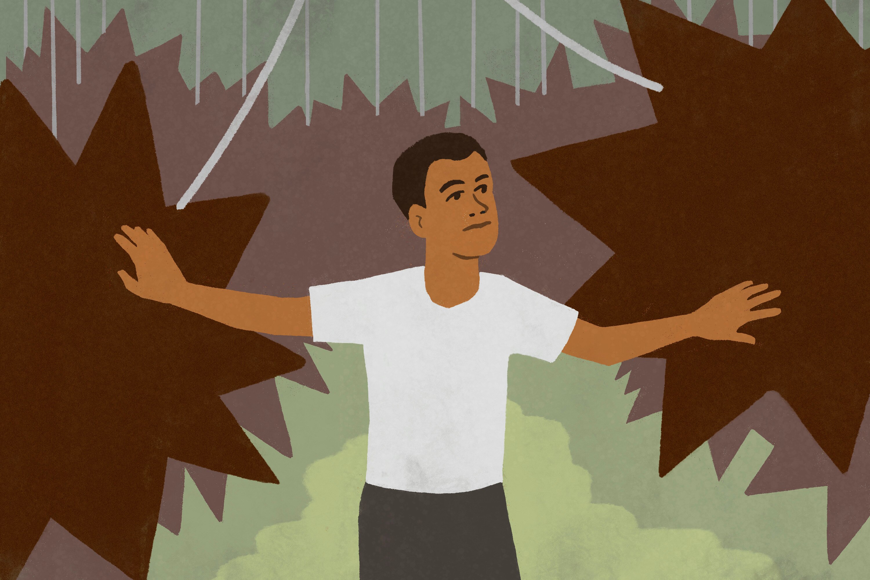 Illustration of boy pushing through a cloud of large spiky shapes to get to the other side.