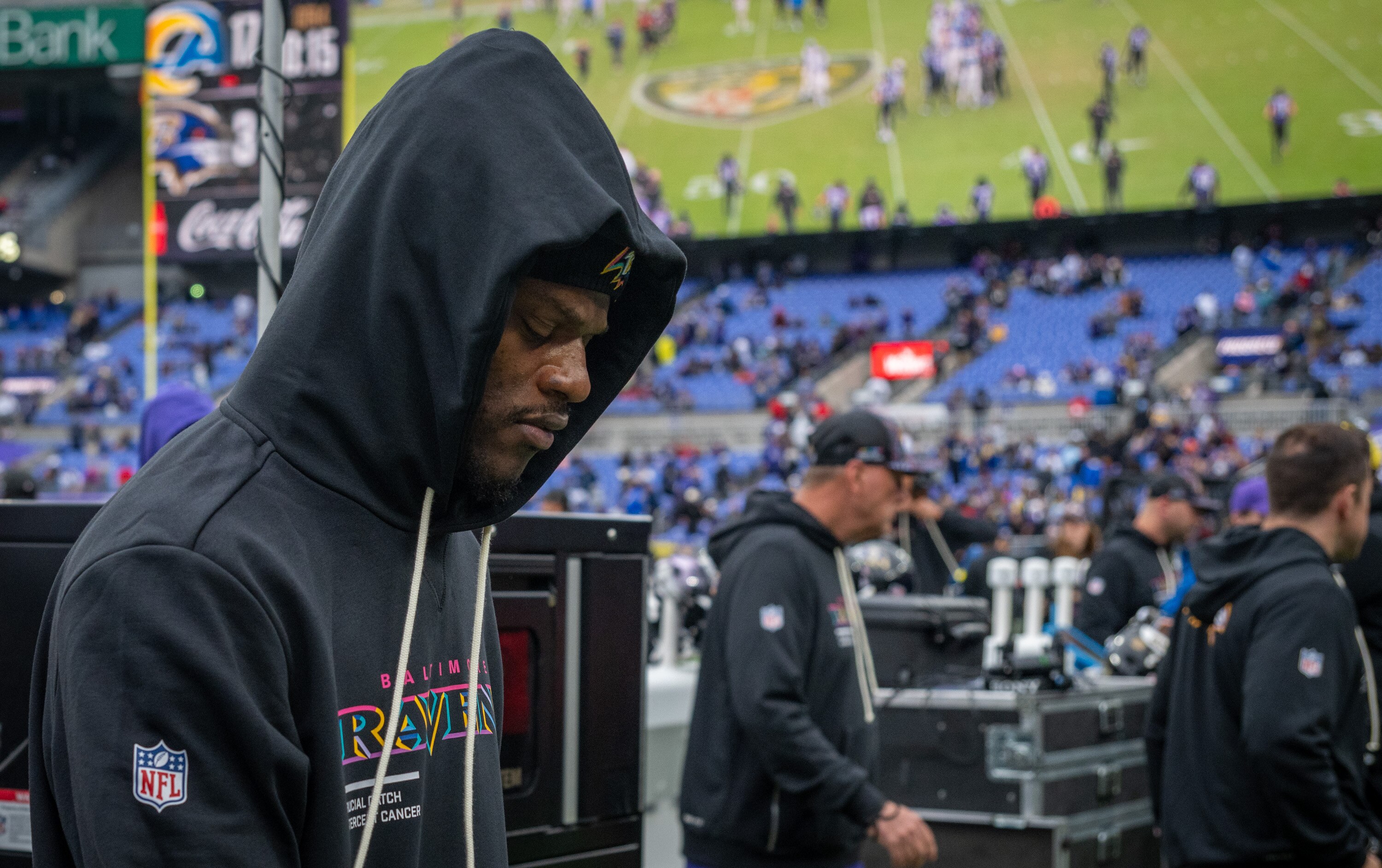 Sunday, Oct. 12, 2025 — Baltimore Ravens’ inactive quarterback Lamar Jackson (8) walks off the field after the Ravens lost 17-3 to the Los Angeles Rams at M&T Bank Stadium.