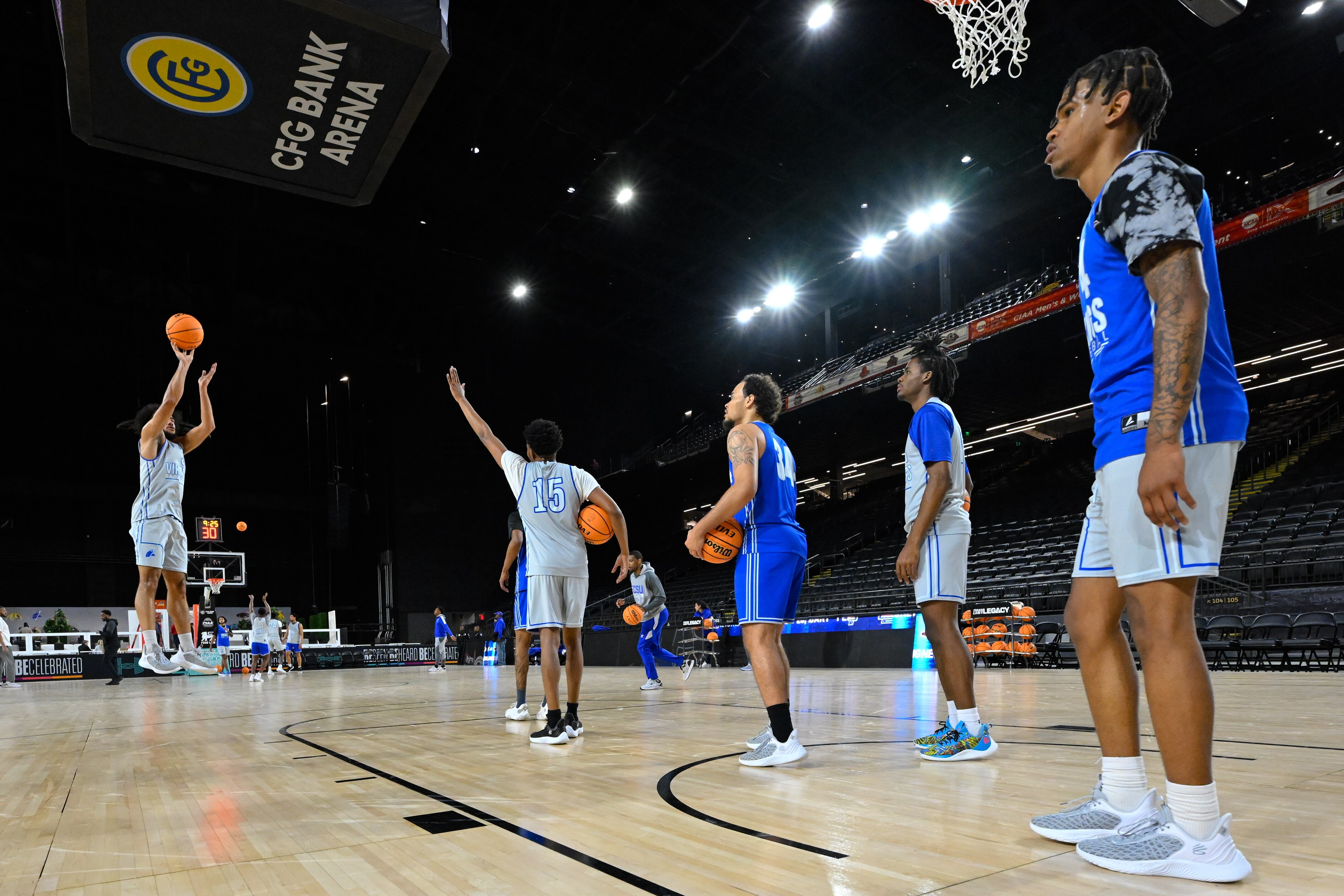 Players from Elizabeth City State University practice on the court for the CIAA basketball tournament at CFG Bank Arena, Sunday, Feb. 19, 2023, in Baltimore.