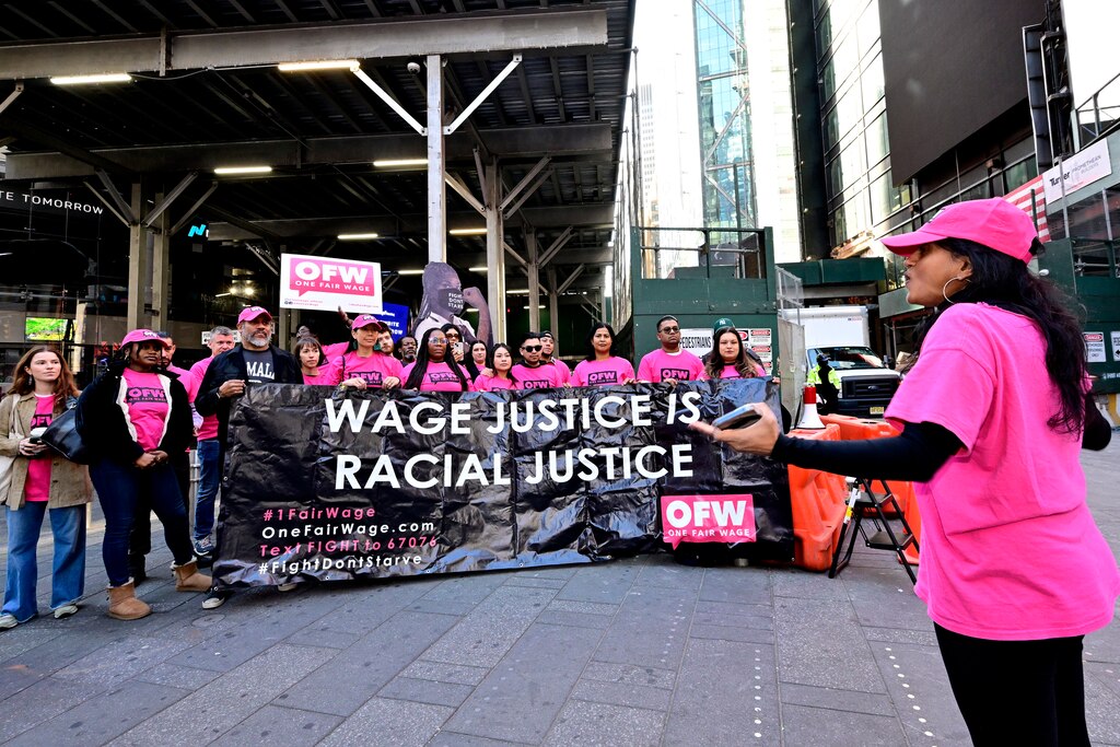NEW YORK, NEW YORK - OCTOBER 28: Saru Jayaraman (R) attends One Fair Wage's Tribute to Restaurant Workers on October 28, 2024 in New York City.