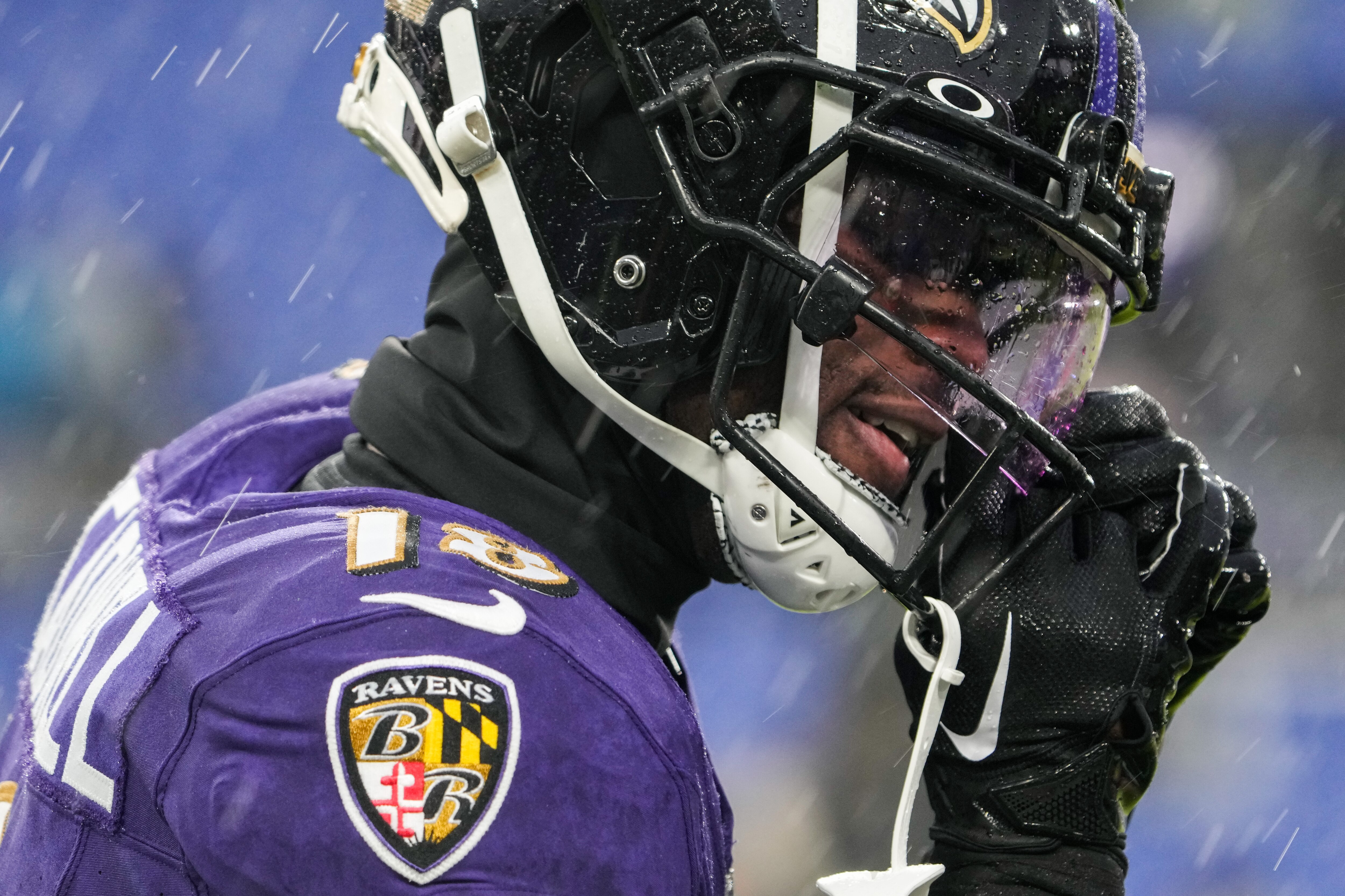 Ravens wide receiver Laquon Treadwell adjusts his helmet during warmups before the game against the Pittsburgh Steelers at M&T Bank Stadium on Saturday.