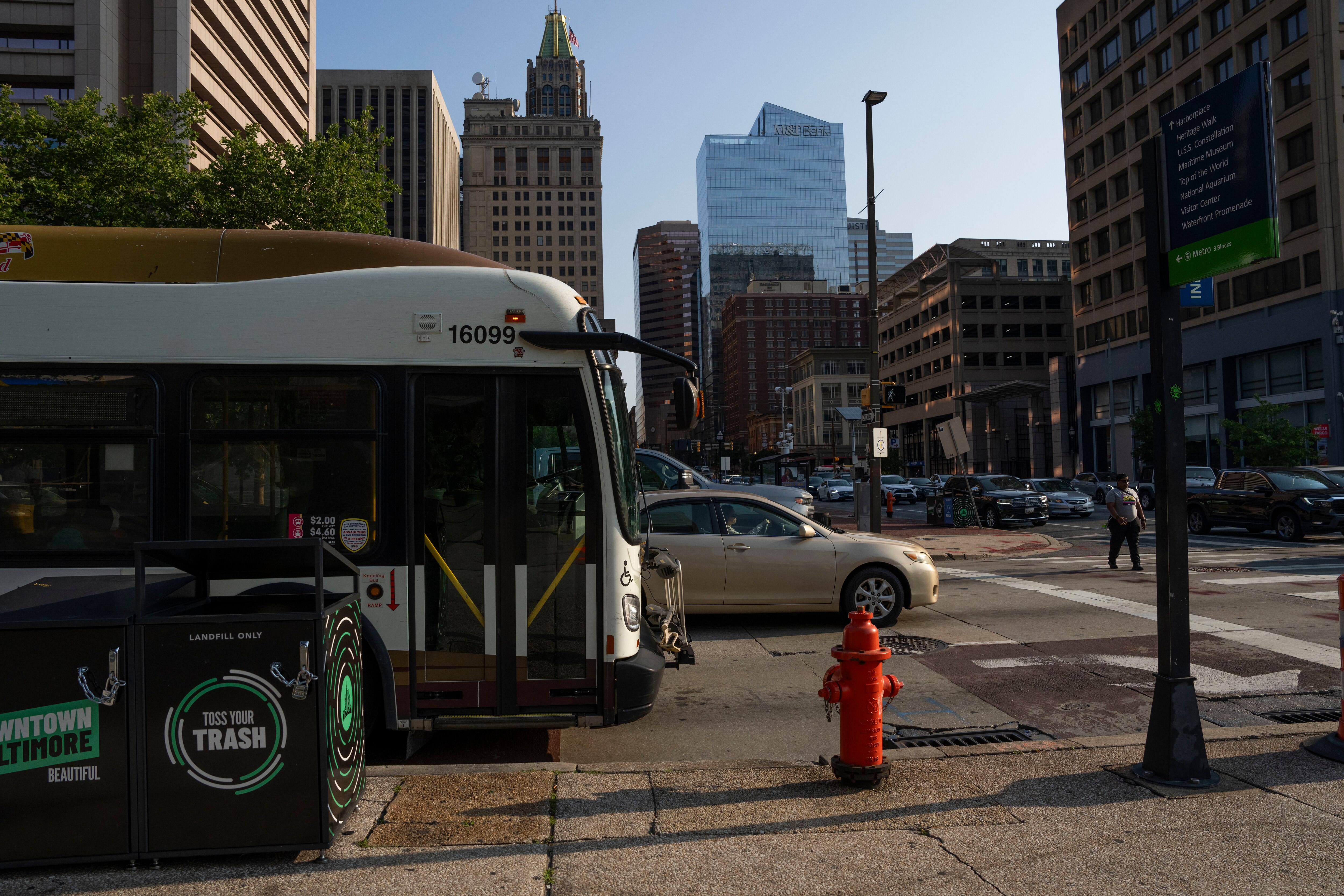 A city bus on Pratt Street in downtown Baltimore. The Fund for Educational Excellence is calling on the Governor to fund a recently released Maryland Transit Administration plan.
