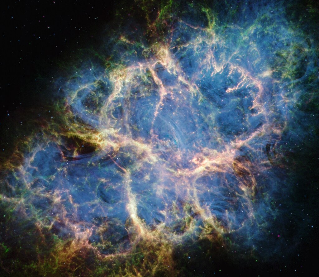 This image by NASA’s James Webb Space Telescope’s NIRCam (Near-Infrared Camera) and MIRI (Mid-Infrared Instrument) shows different structural details of the Crab Nebula. The supernova remnant is comprised of several different components, including doubly ionized sulfur (represented in green), warm dust (magenta), and synchrotron emission (blue). Yellow-white mottled filaments within the Crab’s interior represent areas where dust and doubly ionized sulfur coincide. The observations were taken as part of General Observer program 1714.