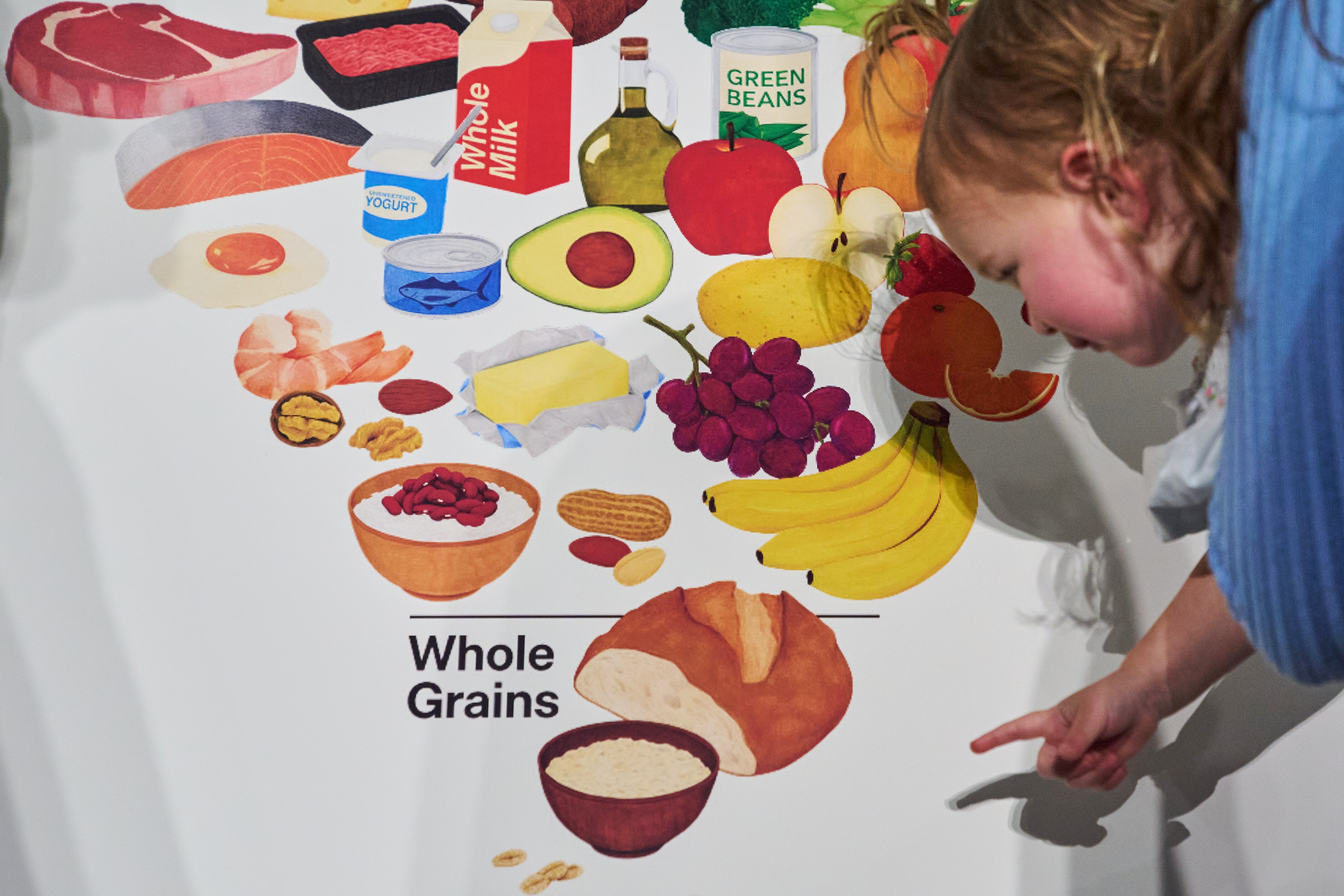 Elle, 18 months, reaches toward the bread at the bottom of the revised food pyramid while held by her mother Claire Dooley, after an announcement by Health and Human Services Secretary Robert F. Kennedy Jr., about nutrition policy, at Health and Human Services Headquarters, Thursday, Jan. 8, 2026, in Washington.