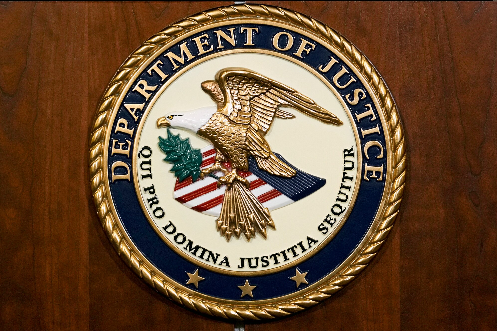 FILE - The seal of the Department of Justice is shown in Washington, Aug. 1, 2023. (AP Photo/J. Scott Applewhite, File)