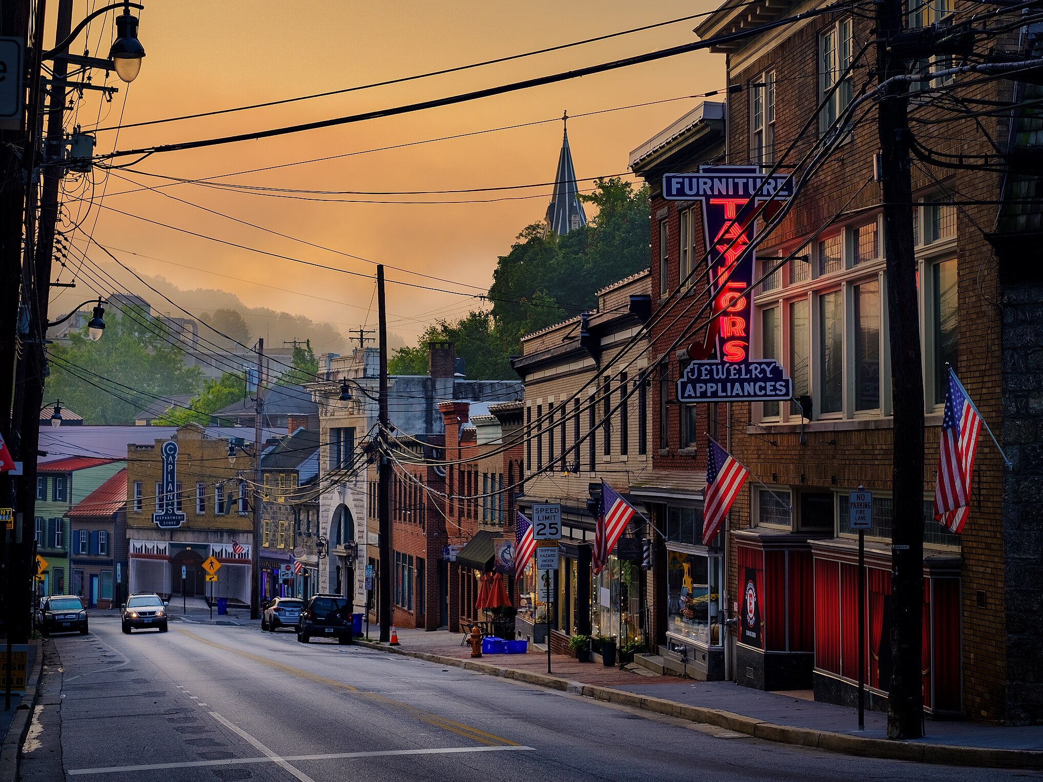 Main street misty morning in historic Ellicott City, Maryland.