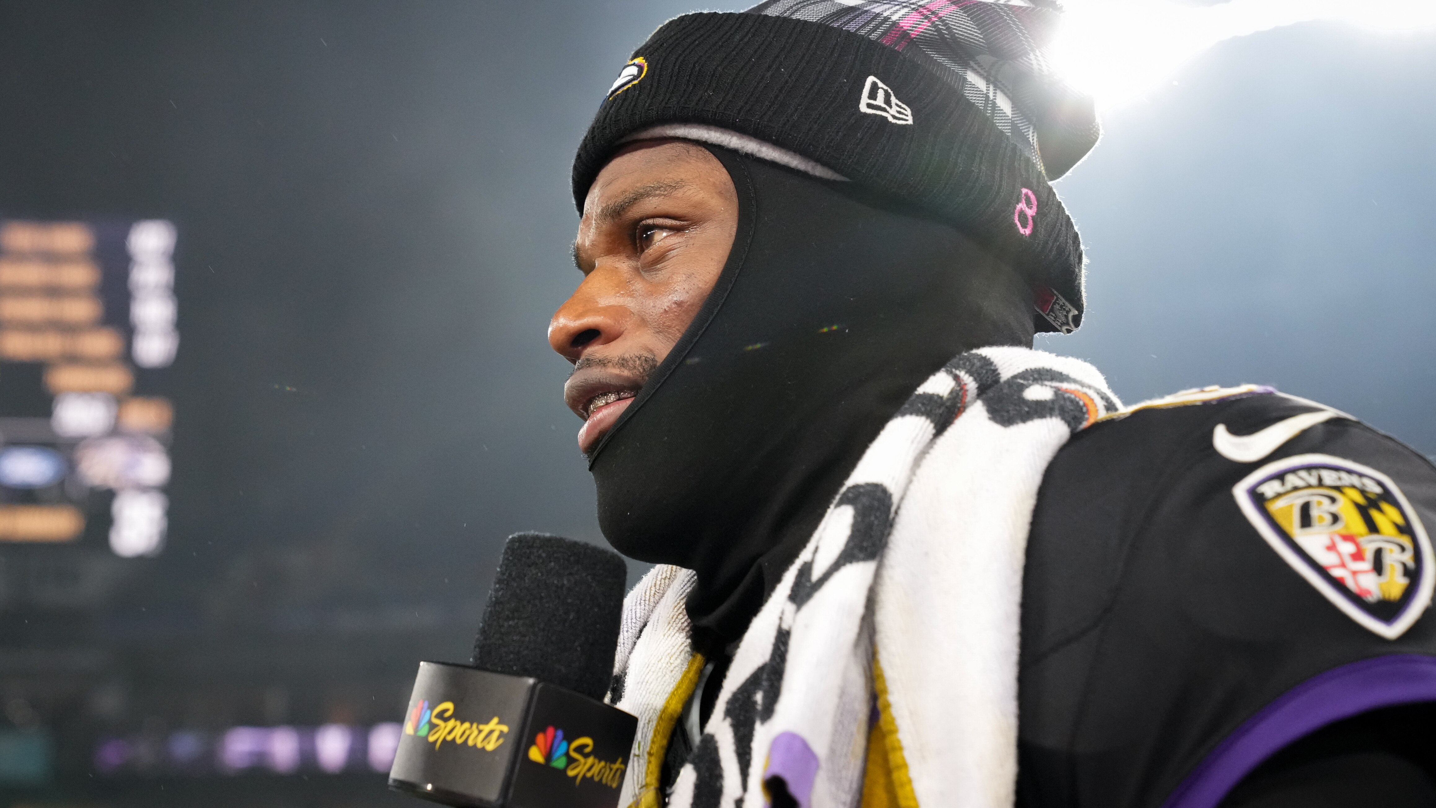 Baltimore Ravens quarterback Lamar Jackson (8) is interviewed after a game against the Buffalo Bills at M&T Bank Stadium in Baltimore on Sunday, September 29, 2024.