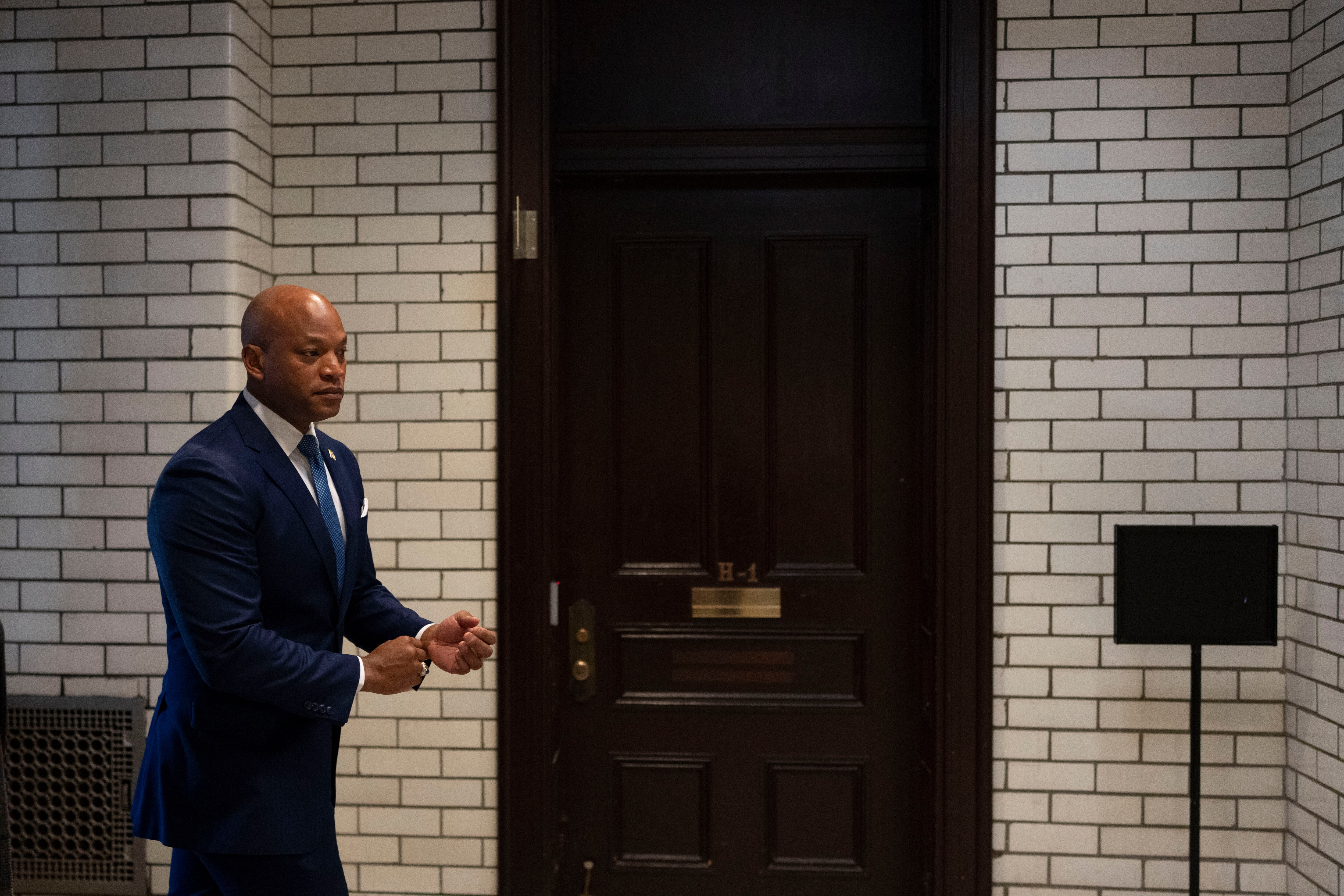 Gov. Wes Moore enters the State House Wednesday morning before announcing his budget proposal.