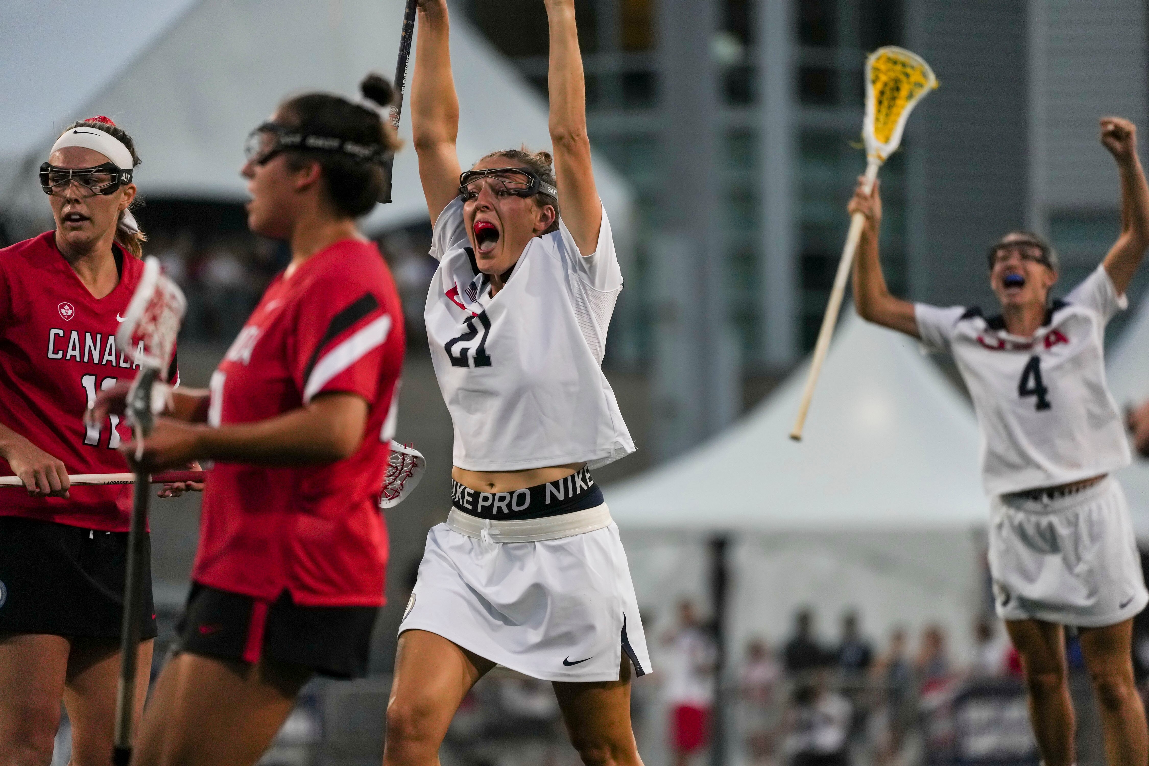 Taylor Cummings celebrates as United States scores against Canada. 