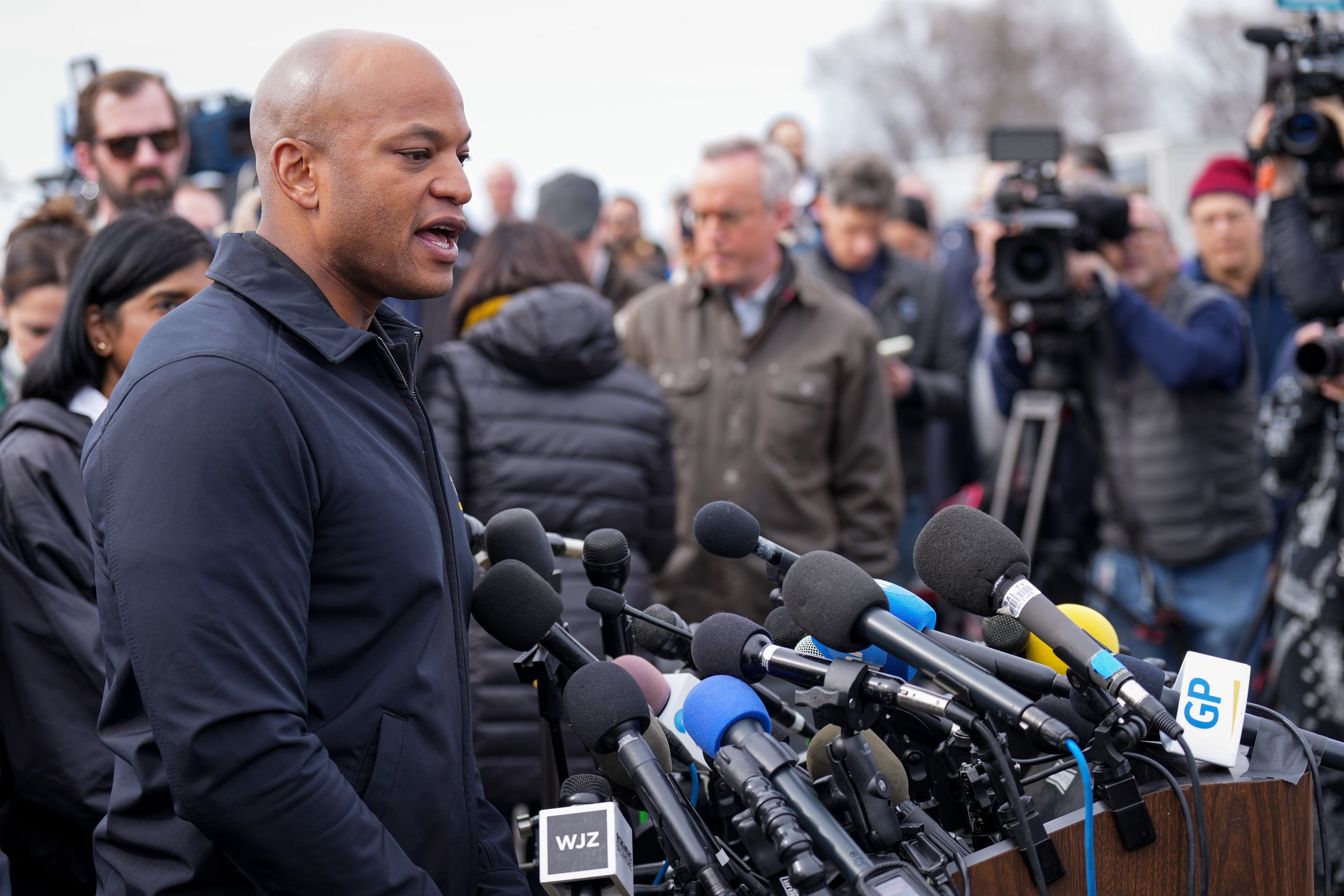 Maryland Gov. Wes Moore gives an update to reporters at a news conference in Dundalk after a cargo ship crashed into the Francis Scott Key bridge early March 26, collapsing the bridge into the Patapsco River.
